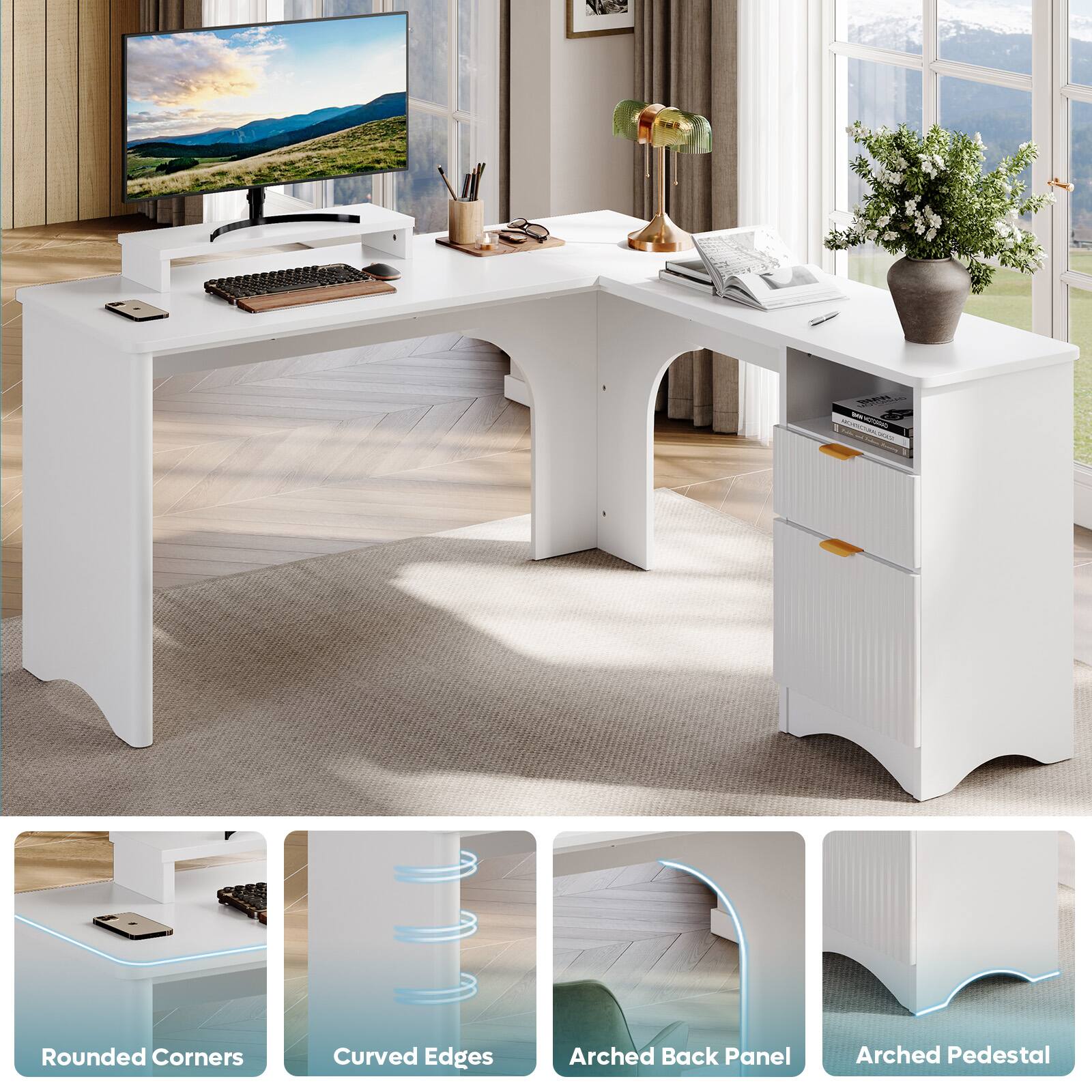 The image features a white desk with a monitor, keyboard, and mouse on it. The desk is situated in front of a window, providing a pleasant view. The desk is accompanied by a vase, adding a touch of decoration to the space. The desk is described as having rounded corners, curved edges, an arched back panel, and an arched pedestal, making it a stylish and functional piece of furniture.