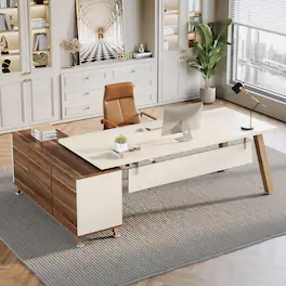Tribesigns - 78.7" L-Shaped Executive Desk, Modern Office Desk with File Drawers & Storage Shelves, Large Computer Desk with 55-Inch - Beige & Walnut