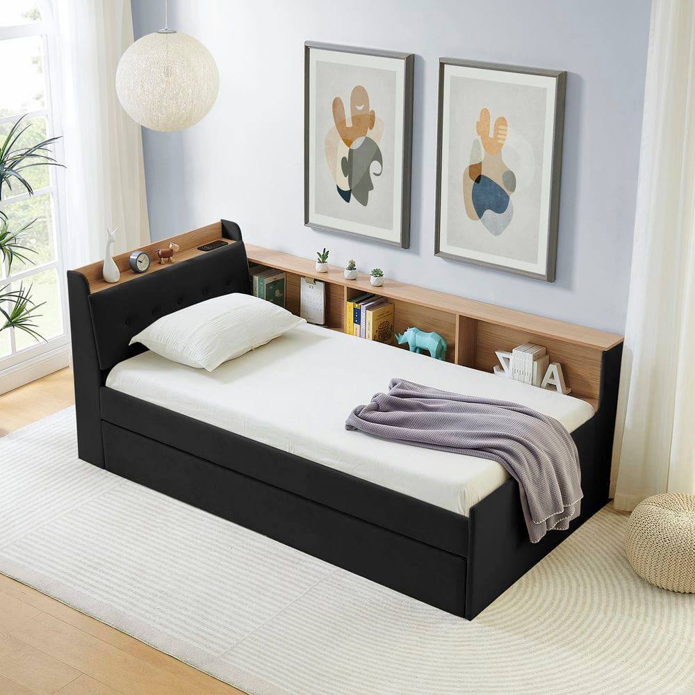 Alt View 8. Kadyn - Twin Size Upholstered Velvet Height Adjustable Daybed with Storage Headboard, Wireless Charging, Trundle & LED Lights - Black.