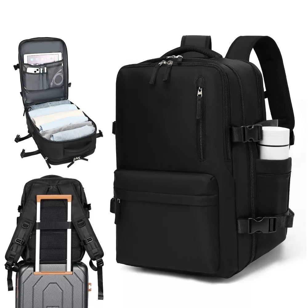 HONGGE - Expandable 20 to 30L Travel Backpack with 15.6 Inch Laptop Compartment and USB Charging Port - Black