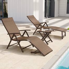 Crestlive Products - Outdoor Aluminum Adjustable Folding Chaise Lounge Chairs and Foldable Side Table - Brown
