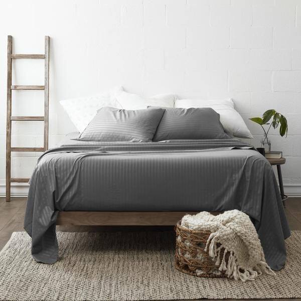 Left. Plazatex - 1800 Series Embossed Striped Wrinkle Resistant Sheet 4pc Set Full - Grey - Grey.