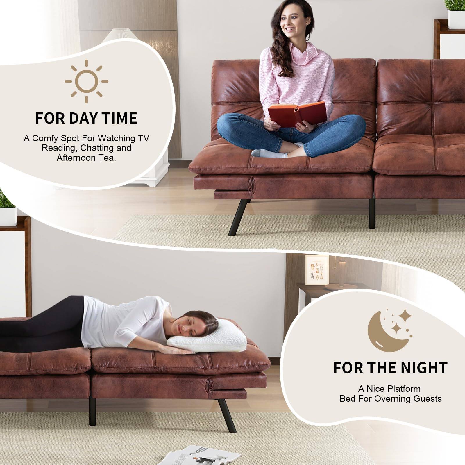 FOR DAY TIME  
A Comfy Spot For Watching TV, Reading, Chatting and Afternoon Tea.

FOR THE NIGHT  
A Nice Platform Bed For Overnig Guests