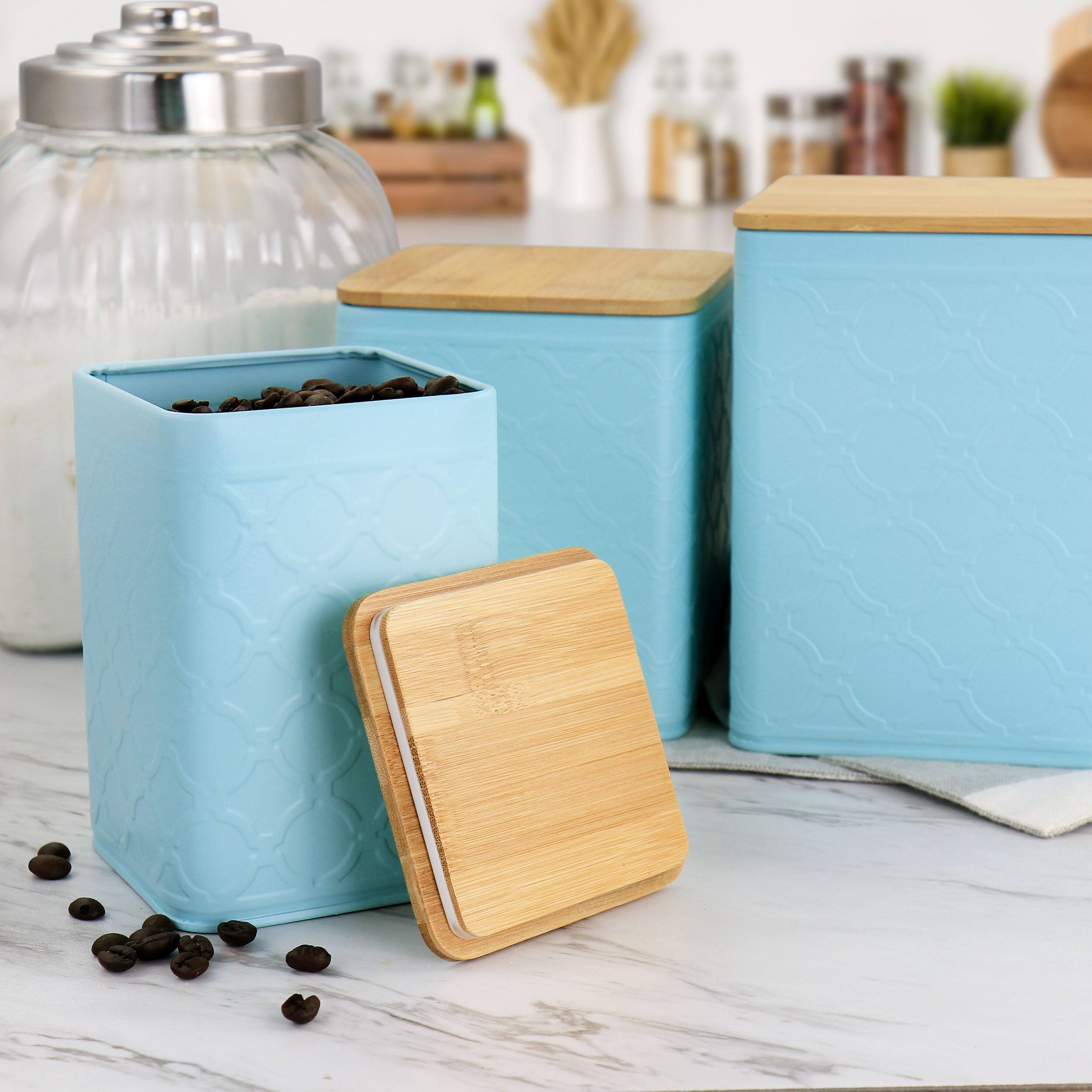 Alt View 3. MegaChef - MegaChef 3 Piece Square Iron Kitchen Canister Set with Bamboo Lids in Turquoise - Blue.