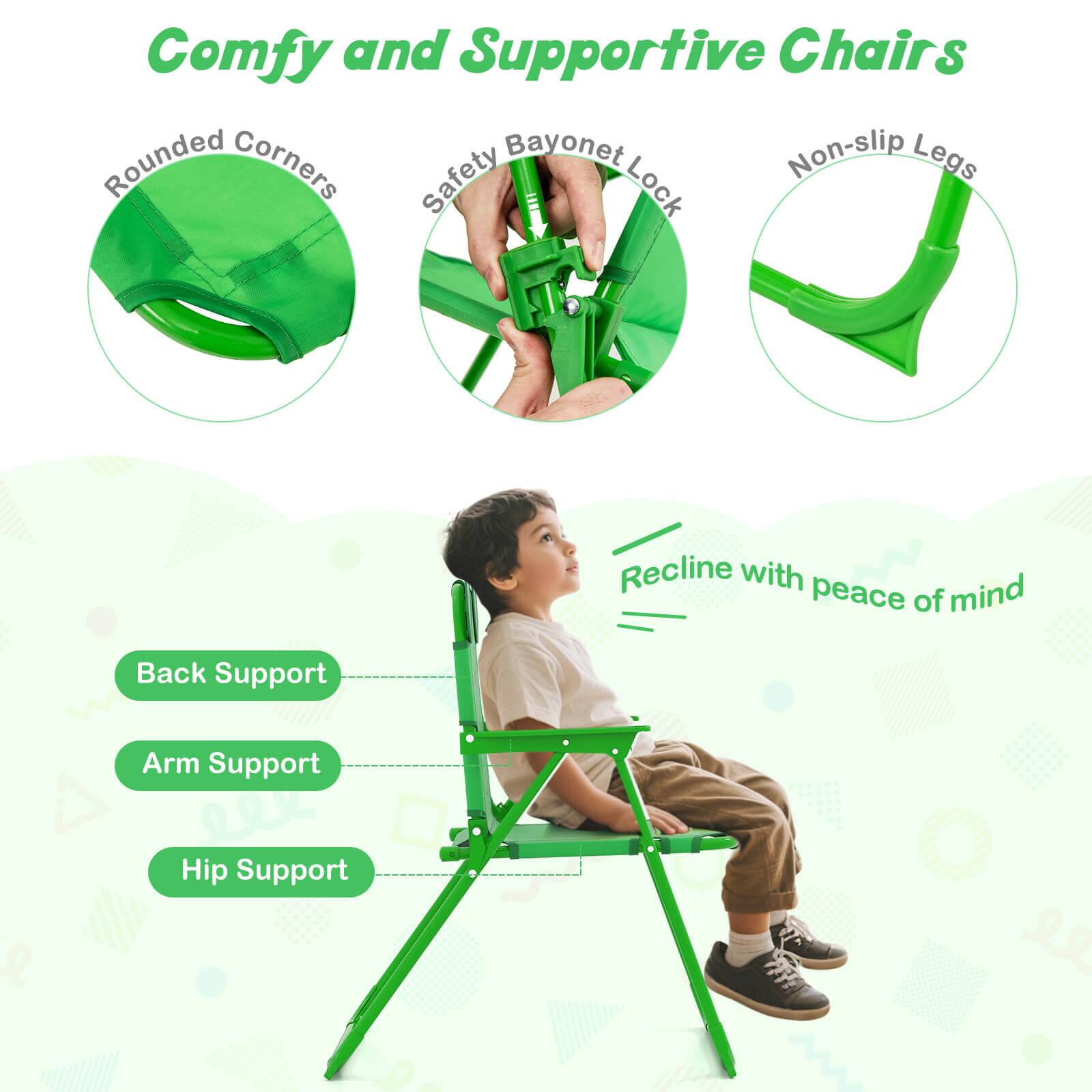 Comfy and Supportive Chairs

- Rounded Corners
- Safety Bayonet Lock
- Non-slip Legs

Recline with peace of mind

- Back Support
- Arm Support
- Hip Support