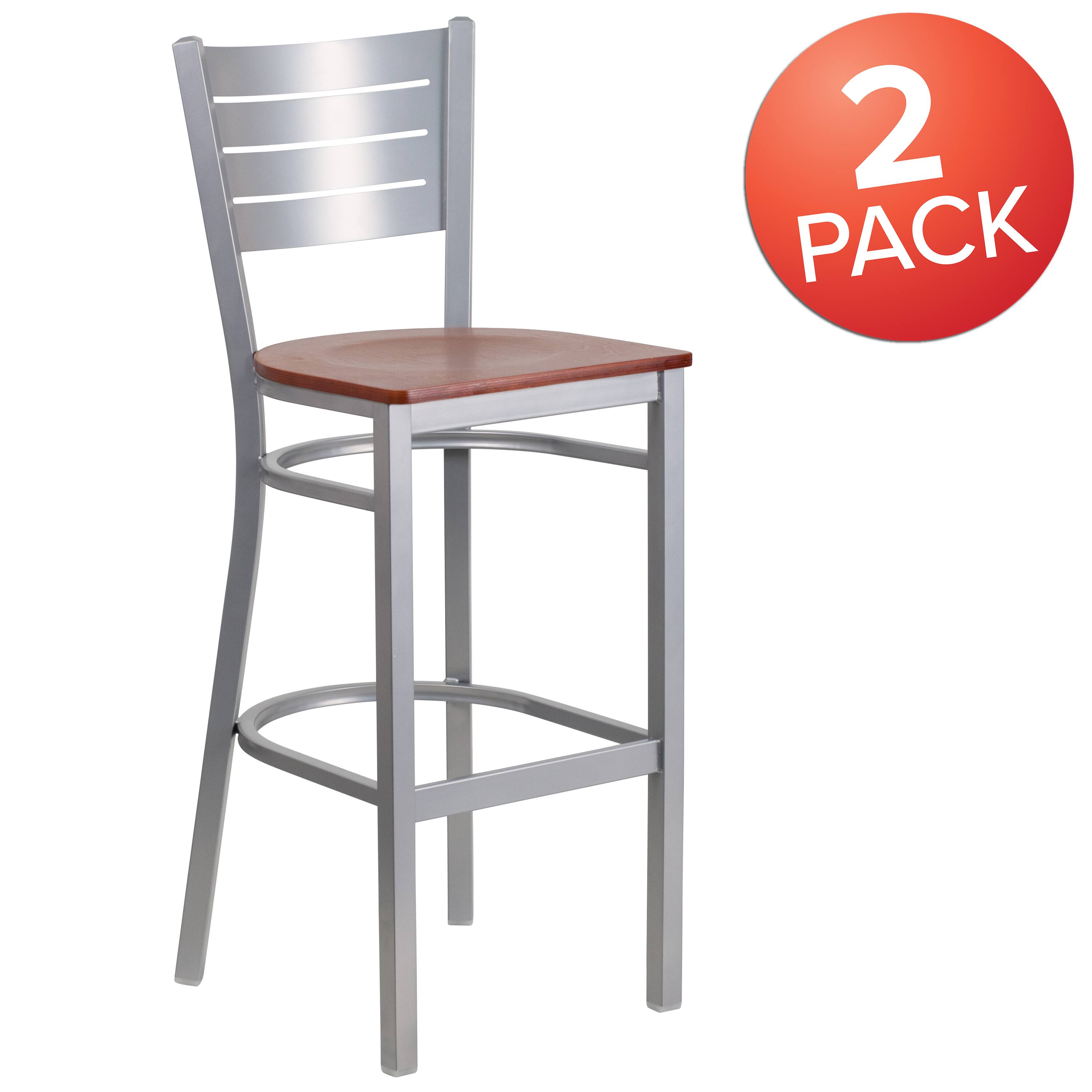 Alt View 1. Emma + Oliver - 2 Pack Silver Slat Back Metal Restaurant Barstool - Cherry Wood Seat/Silver Frame.