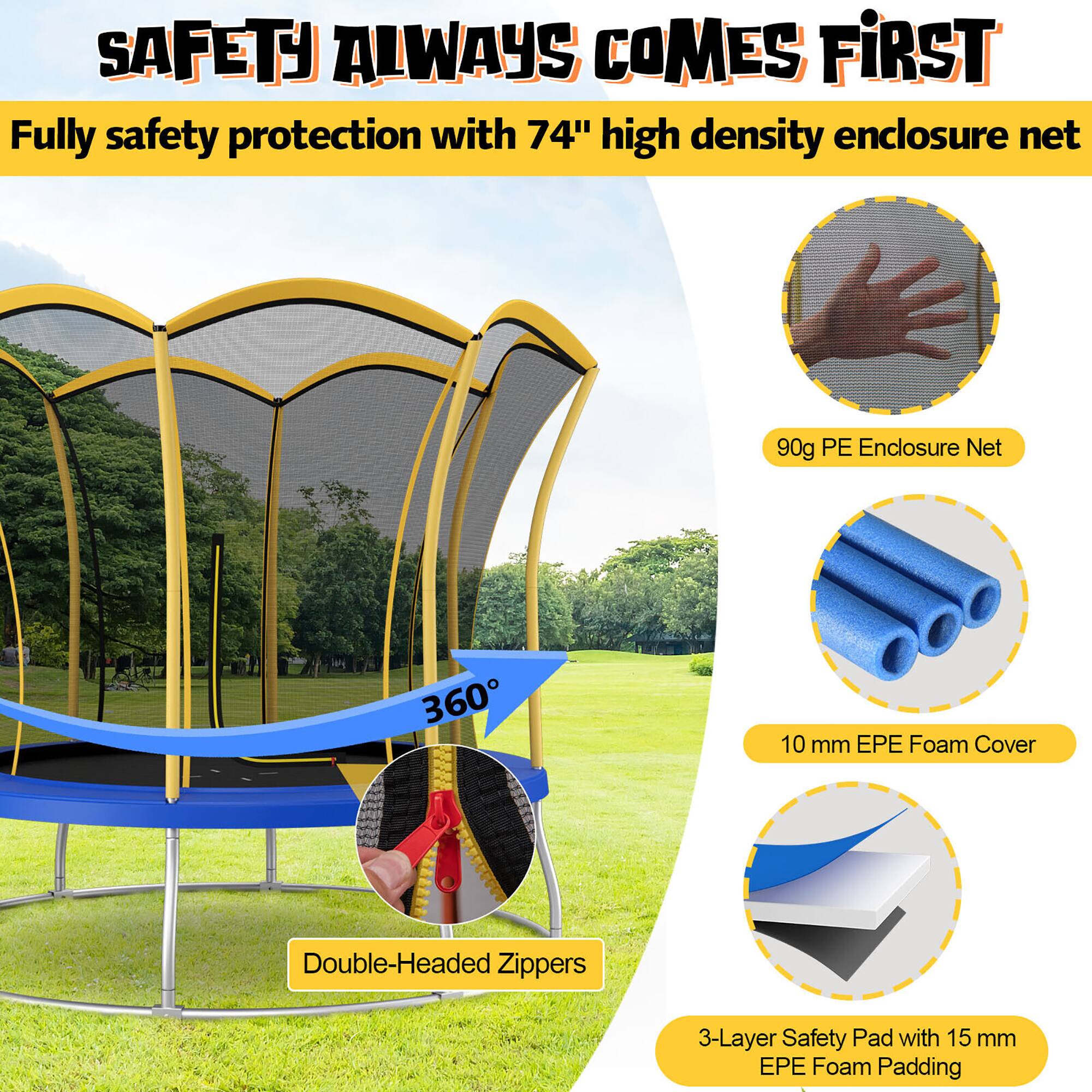 SAFETY ALWAYS COMES FIRST

Fully safety protection with 74" high density enclosure net

- 90g PE Enclosure Net
- 10 mm EPE Foam Cover
- Double-Headed Zippers
- 3-Layer Safety Pad with 15 mm EPE Foam Padding

360°