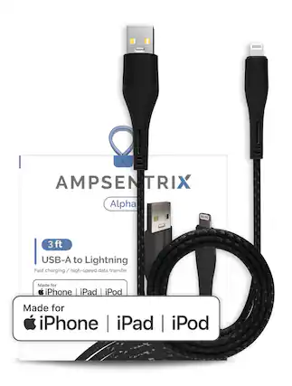 AMPSENTRIX Alpha VINTIMA
3 ft USB-A to Lightning
Fast charging / high-speed data transfer
Made for iPhone | iPad | iPod