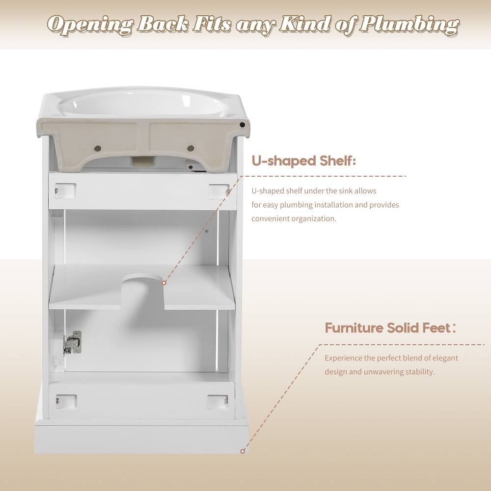 Opening Back Fits any Kind of Plumbing

U-shaped Shelf:
U-shaped shelf under the sink allows for easy plumbing installation and provides convenient organization.

Furniture Solid Feet:
Experience the perfect blend of elegant design and unwavering stability.