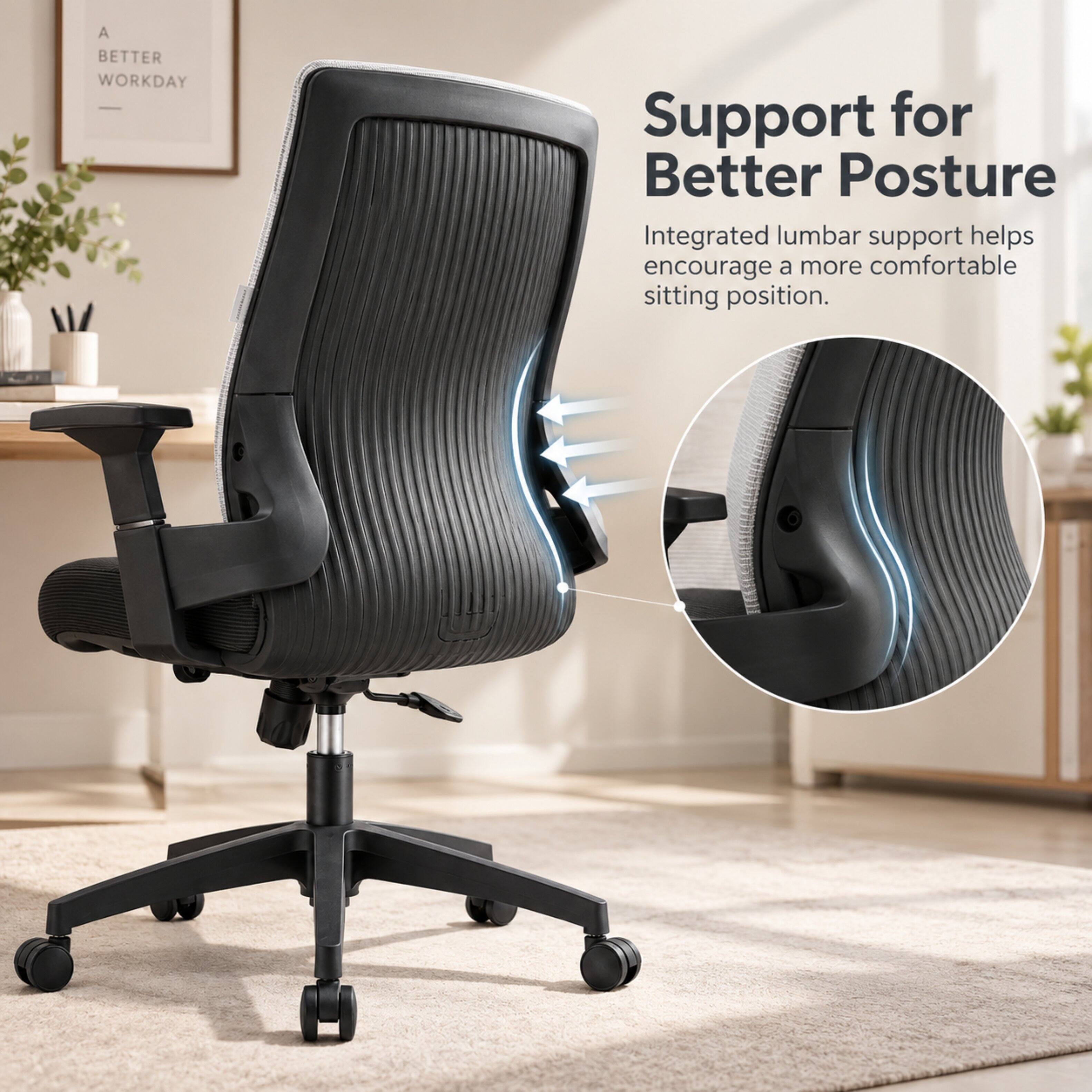 A BETTER WORKDAY

Support for Better Posture
Integrated lumbar support helps encourage a more comfortable sitting position.