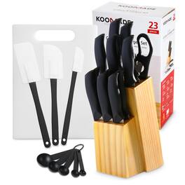 KOOMADE - 23PCS Soft Grip Cutlery Knife and Holder Rack Ideal for Kitchen Drawer Knife Organization, Countertop Storage - Black handle, silver blade.