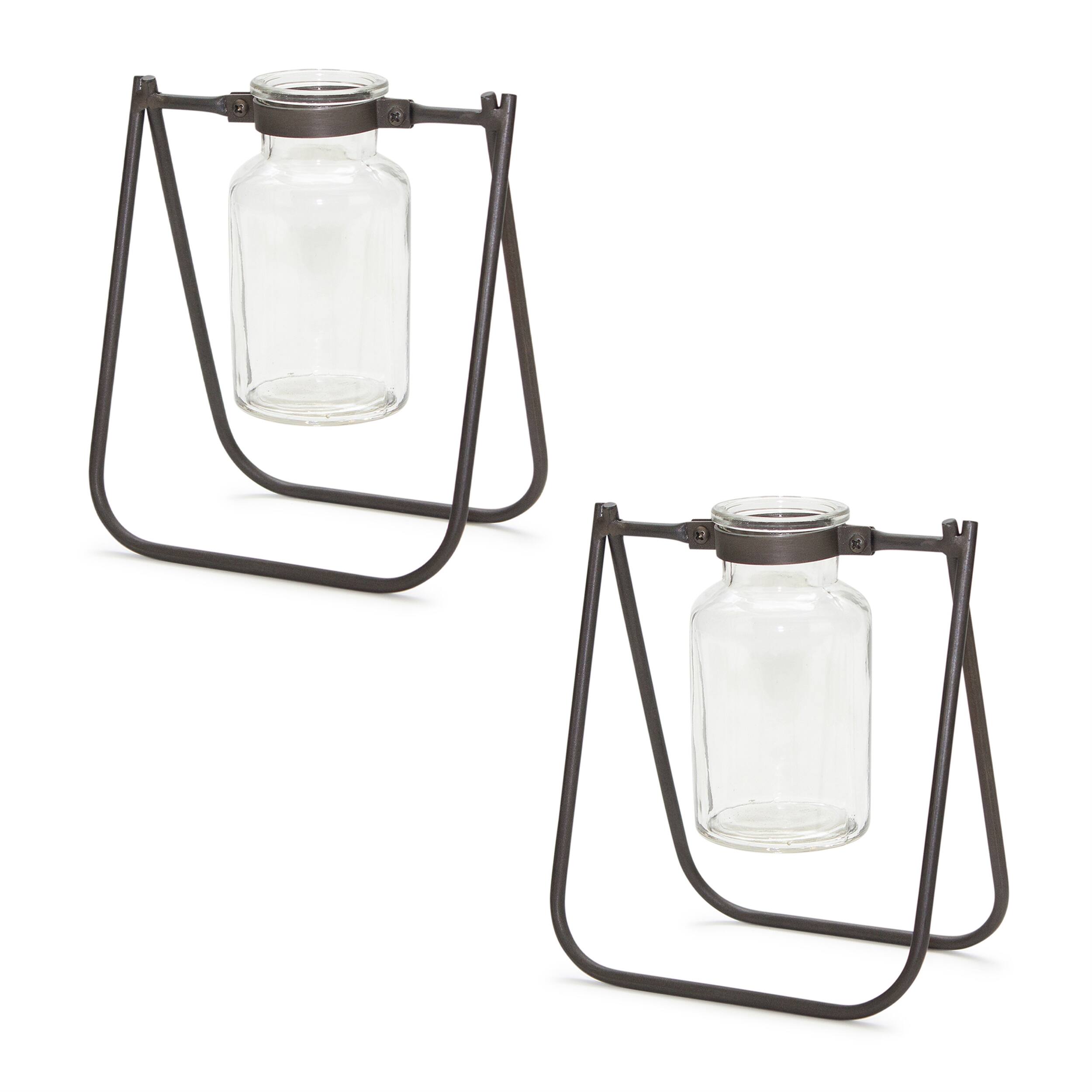 Alt View 2. BreeBe - Hanging Glass Jar Vase with Metal Stand (Set of 2) - Brown, Clear.