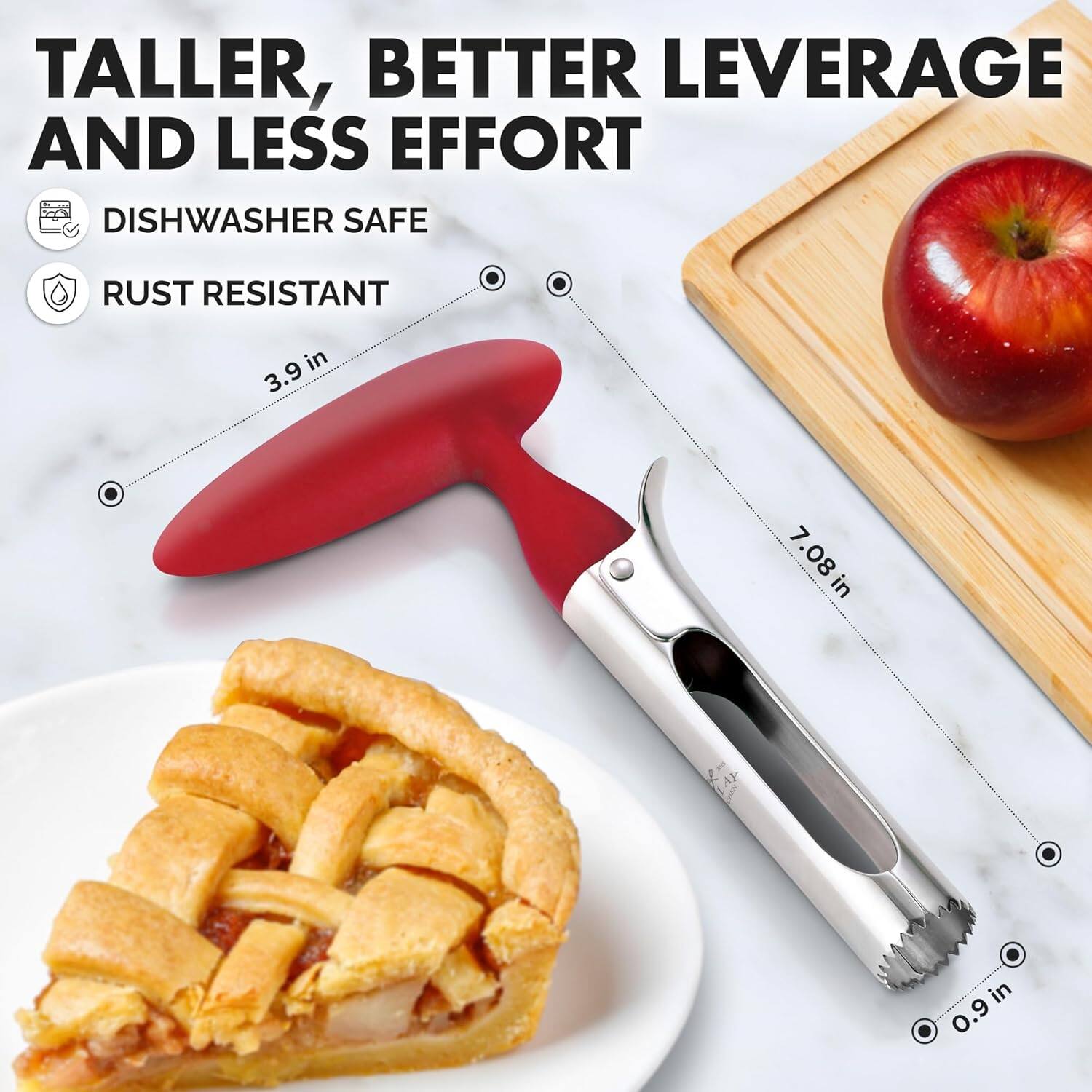 TALLER, BETTER LEVERAGE AND LESS EFFORT

- DISHWASHER SAFE
- RUST RESISTANT

3.9 in  
7.08 in  
0.9 in
