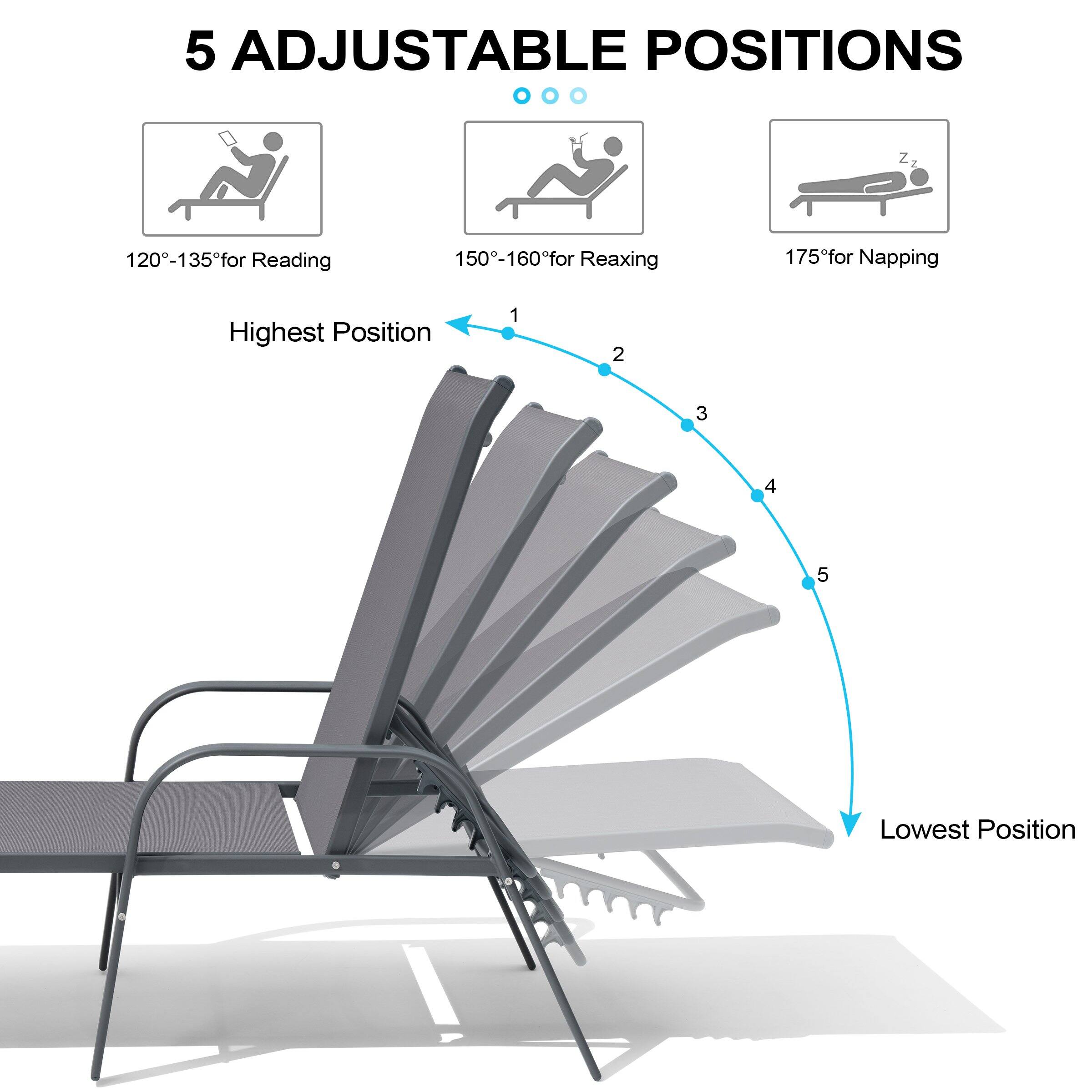 5 Adjustable Positions

120°-135° for Reading

150°-160° for Relaxing

175° for Napping

Highest Position

Lowest Position