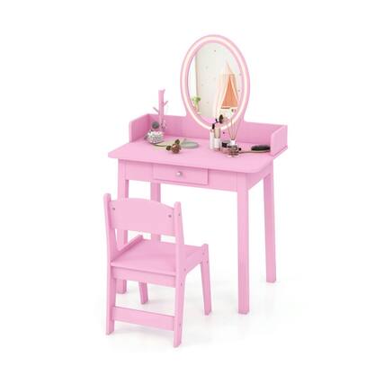 Front. Kadyn - Kids Vanity Set with Lighted Mirror-Pink, Kids Makeup Vanity for Girls Kids - Pink.