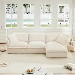 Anysun - L-Shape Chenille Slipcovered Sectional Sofa - Deep Seat Cloud Couch with Ottoman & 2 Pillows for Living Room & Office - White