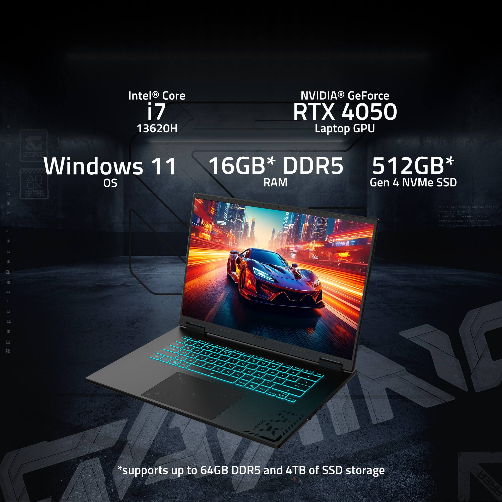 L - Intel Core NVIDIA GeForce i7 RTX 4050 13620H Laptop GPU & Windows 11 16GB* DDR5 512GB* Gen 4 NVMe SSD os RAM *supports up to 64GB DDR5 and 4TB of SSD storage