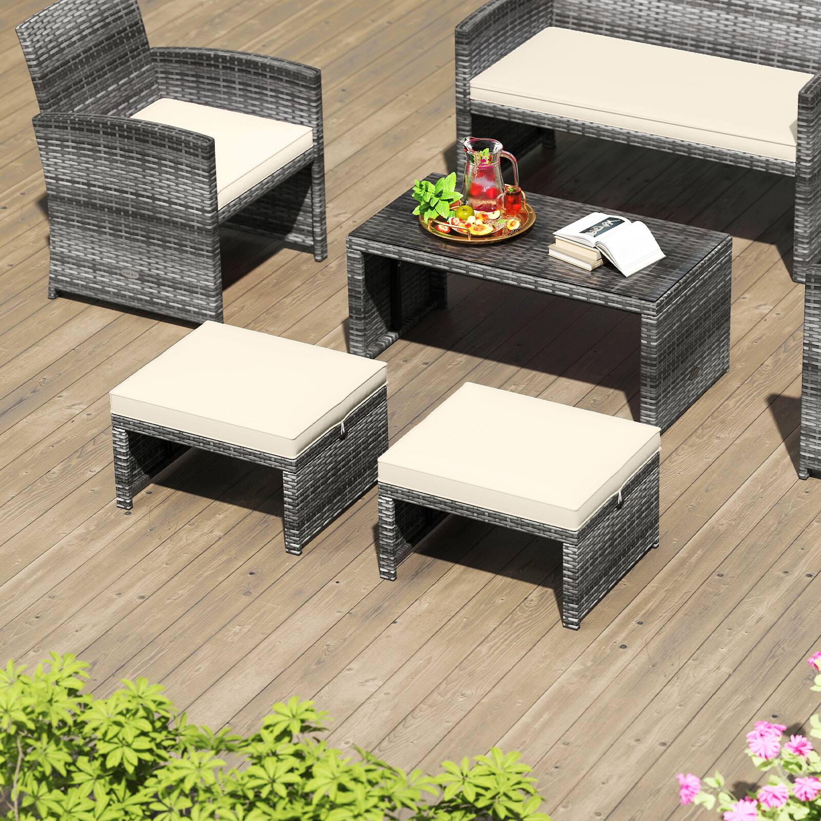 Alt View 8. Gymax - Gymax 2 Pieces Patio PE Rattan Ottomans with Soft Zippered Cushions for Deck White - White.