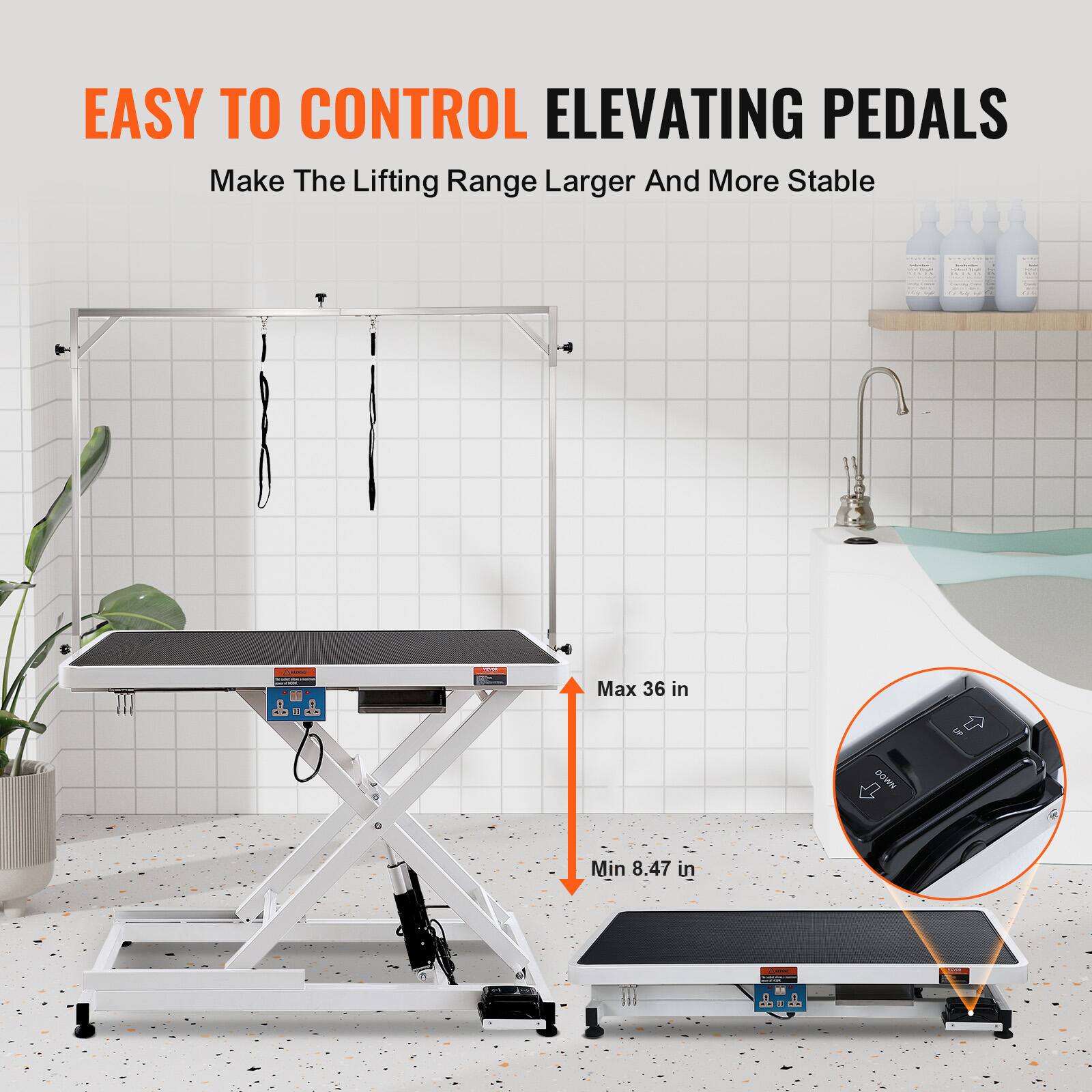 EASY TO CONTROL  
ELEVATING PEDALS  
Make The Lifting Range Larger And More Stable  

Max 36 in  
Min 8.47 in