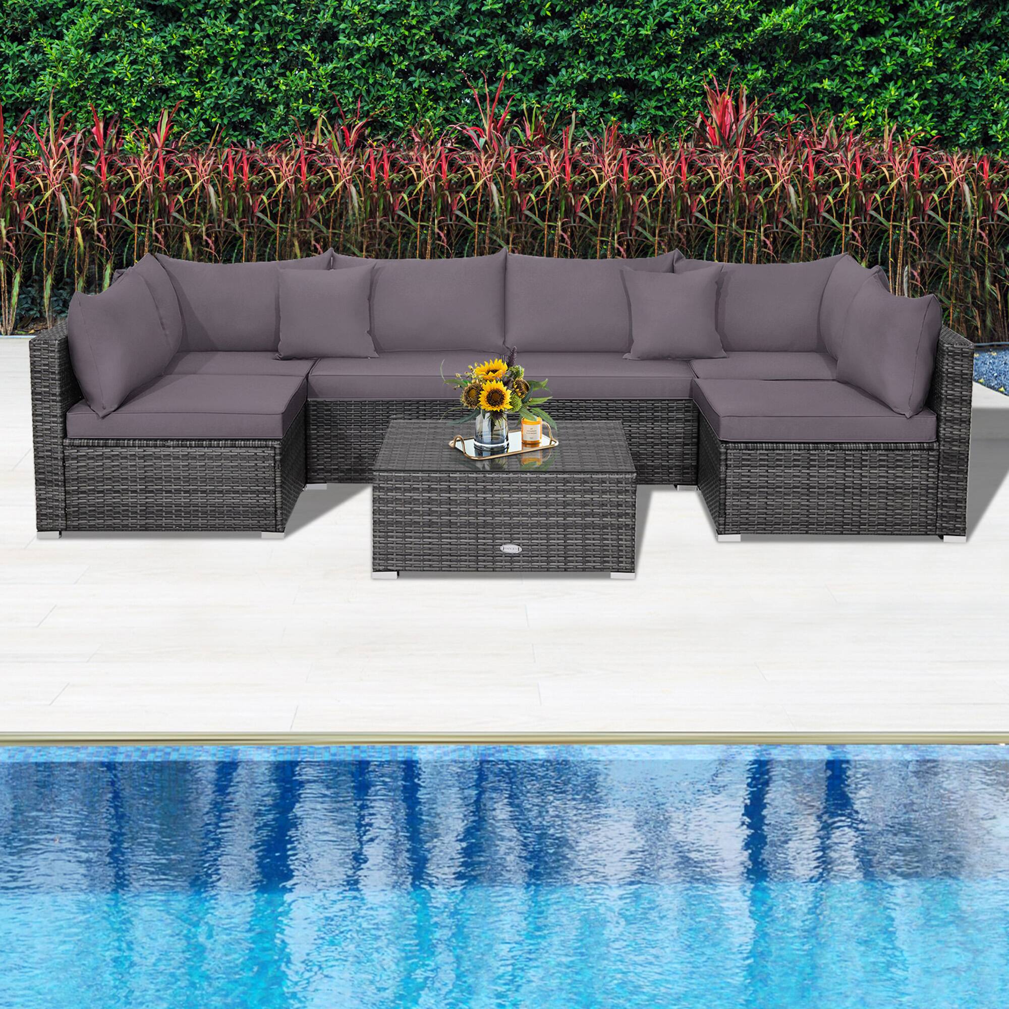 Alt View 9. Gymax - Gymax 7PCS Patio Rattan Sectional Sofa Set Outdoor Furniture Set w/ Grey Cushions - Grey.