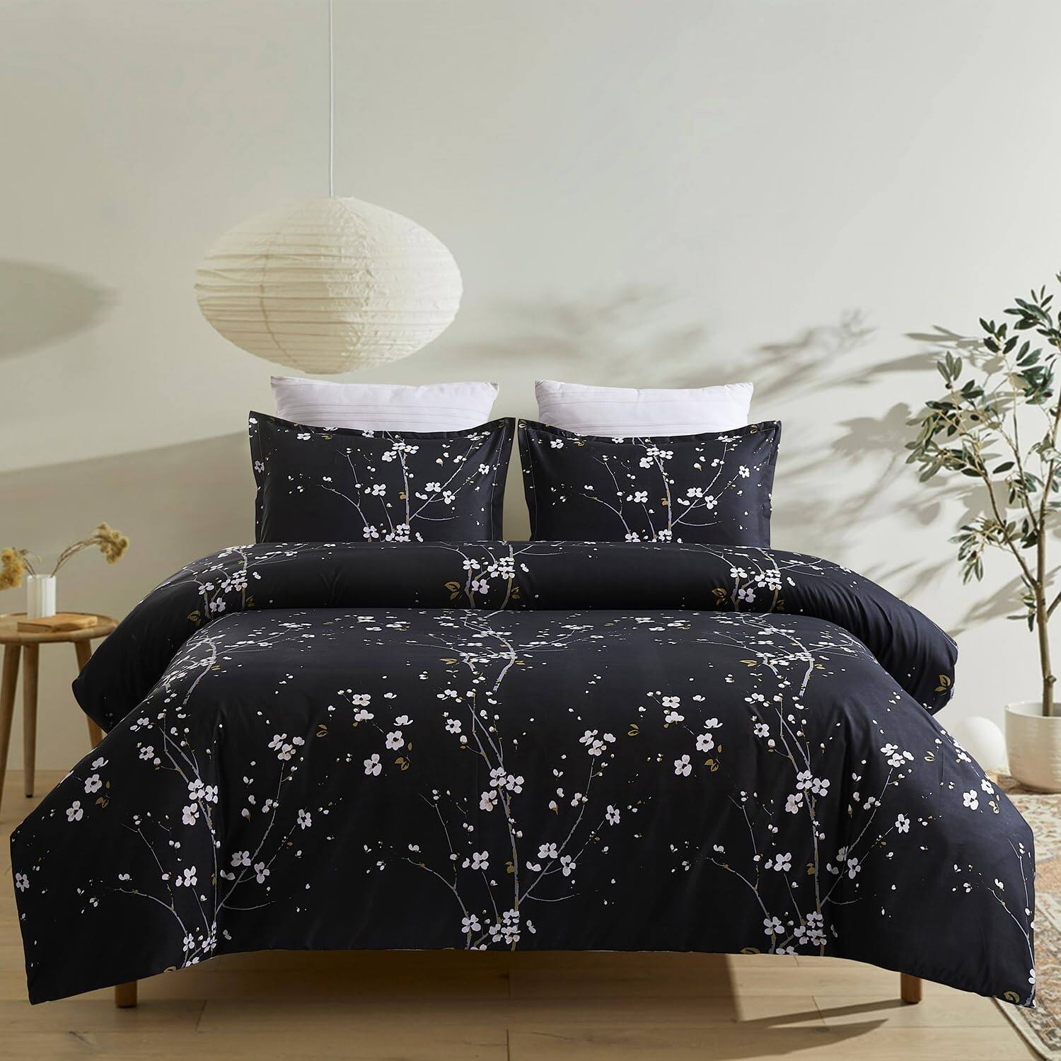 Front. Earthley Blooms - Soft Duvet Cover Set With Zipper Closure And Corner Ties Blossombranch Floral Printed Pattern Design 3 - Black-Queen.