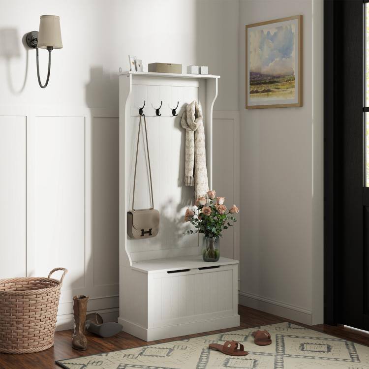 Alt View 1. PULUZ - Hall Tree with Coat Rack, Storage, and Sitting Bench - Cream White.