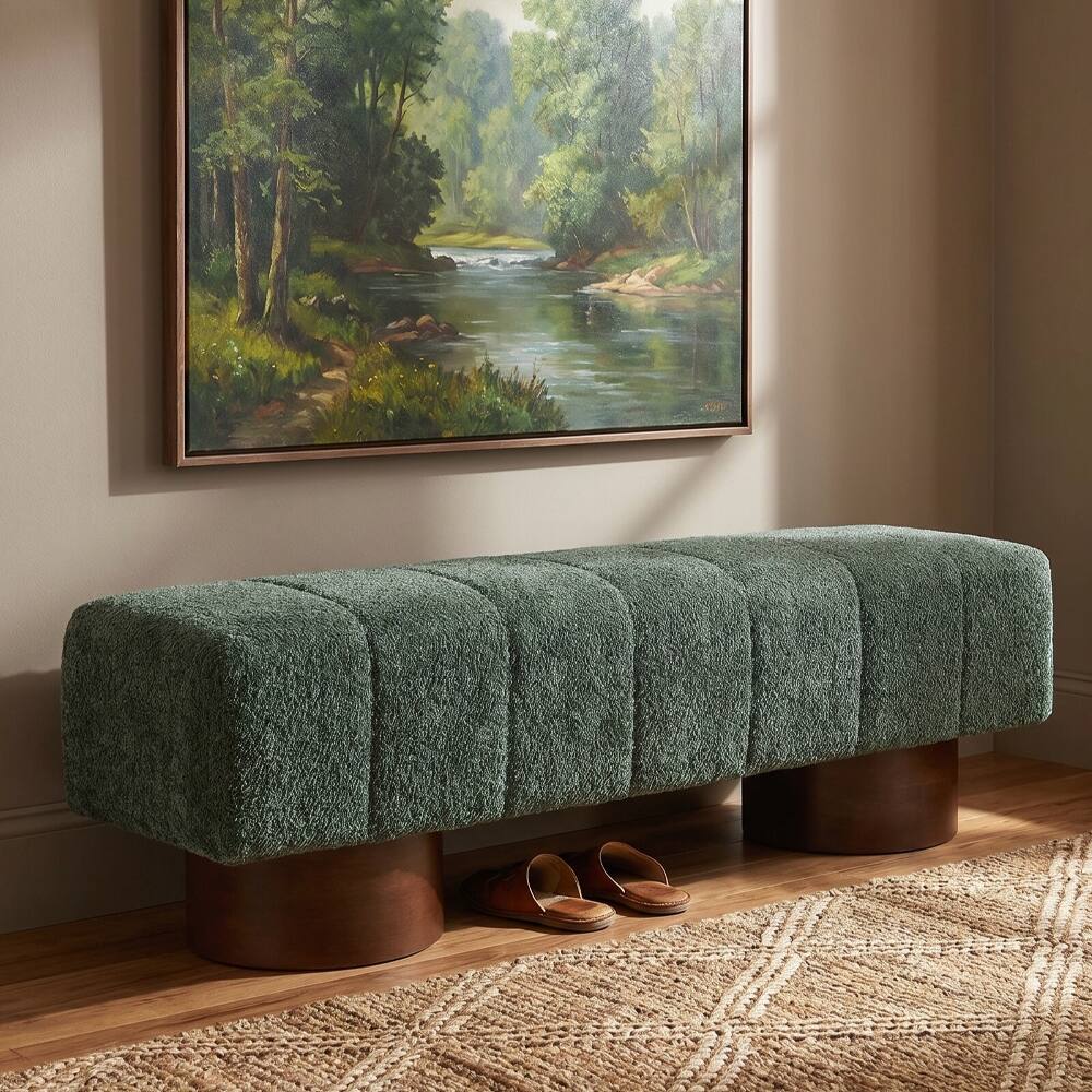 Back. Ropilly - Ropilly Green Boucle Upholstered Dining Bench Modern Accent Indoor Seating Channel Tufted Wood Frame - Green.