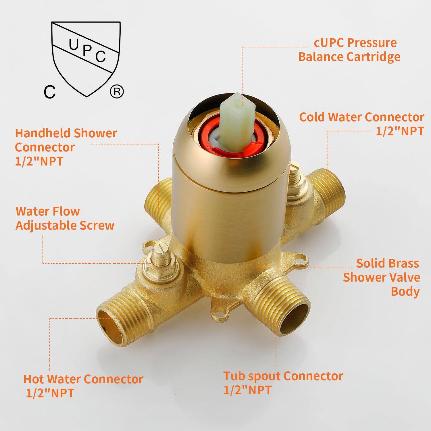 UPC Pressure Balance Cartridge Handheld Shower Connector 1/2"NPT Cold Water Connector 1/2"NPT Water Flow Adjustable Screw Solid Brass Shower Valve Body Hot Water Connector 1/2"NPT Tub spout Connector 1/2"NPT