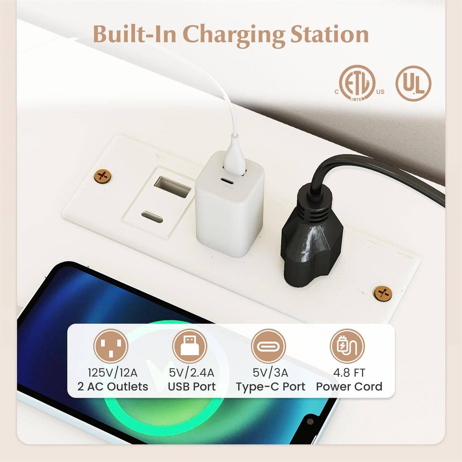 Built-In Charging Station

- 125V/12A
- 2 AC Outlets
- 5V/2.4A USB Port
- 5V/3A Type-C Port
- 4.8 FT Power Cord

ETL US
UL