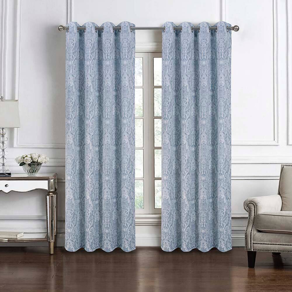Front. RT Designers Collection - RT Designers Collection Bridgeport Jacquard High Quality Light Filtering Grommet Curtain Panel 54" x 90" Blue - Blue.