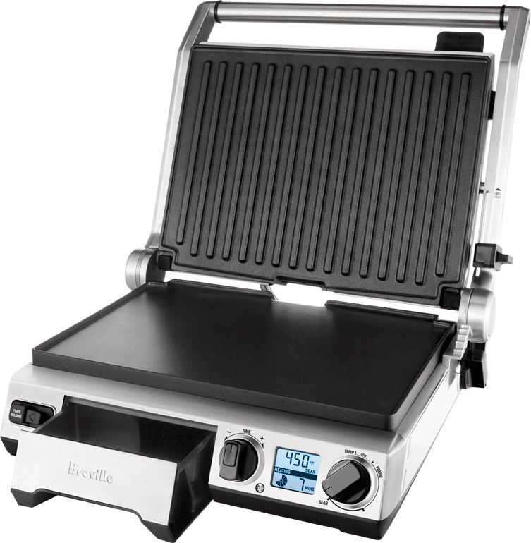 Left View: Breville - the Smart Grill Indoor BBQ Grill and Sandwich Press - Brushed Stainless Steel