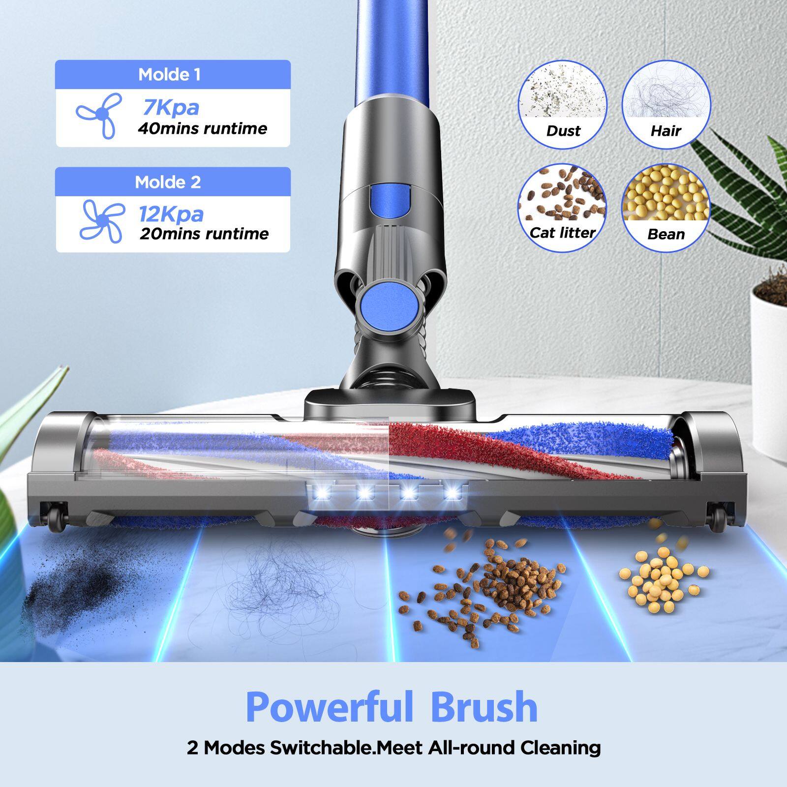 Molde 1  
7Kpa  
40mins runtime  

Molde 2  
12Kpa  
20mins runtime  

Dust  
Hair  
Cat litter  
Bean  

Powerful Brush  
2 Modes Switchable. Meet All-round Cleaning
