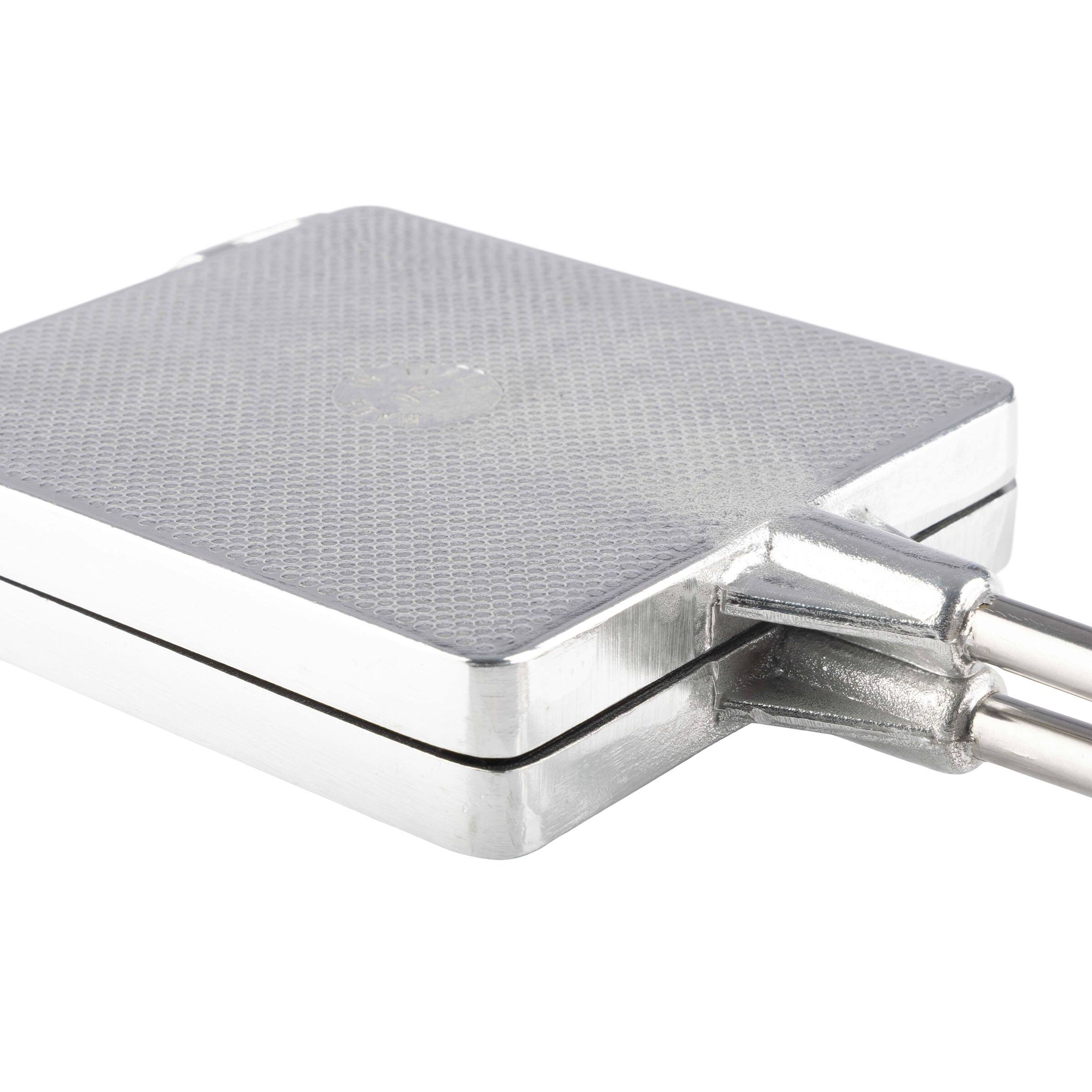 Angle. Kings County Tools - 10-Inch Sandwich Maker Press - Silver and Brown.