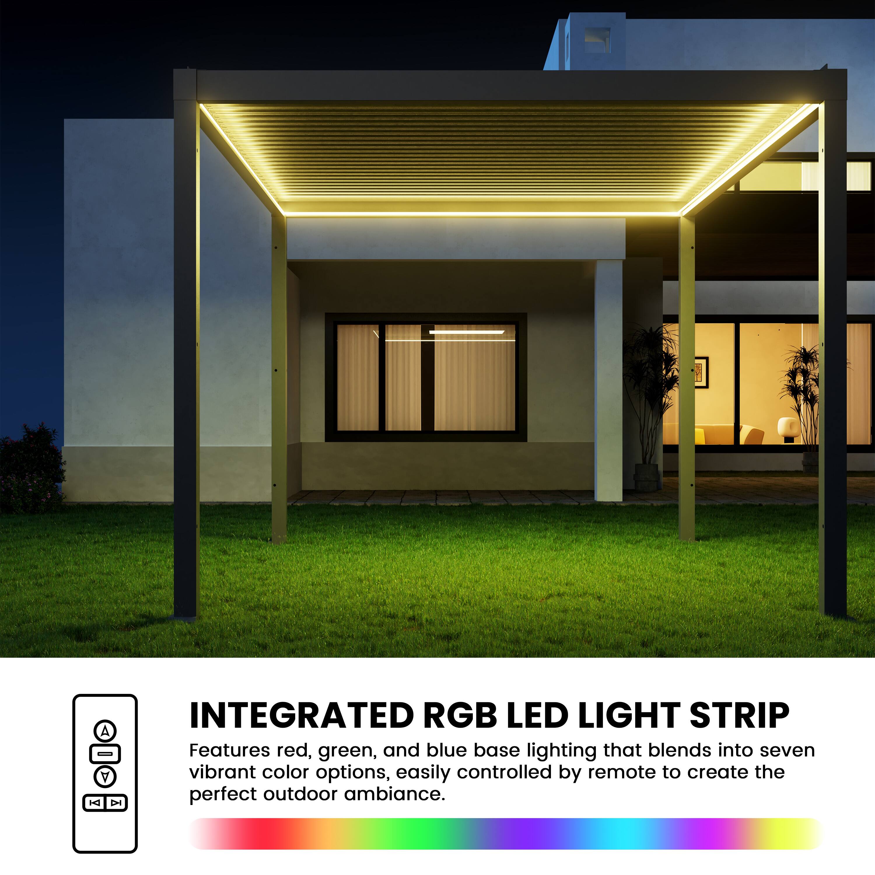 INTEGRATED RGB LED LIGHT STRIP  
Features red, green, and blue base lighting that blends into seven vibrant color options, easily controlled by remote to create the perfect outdoor ambiance.