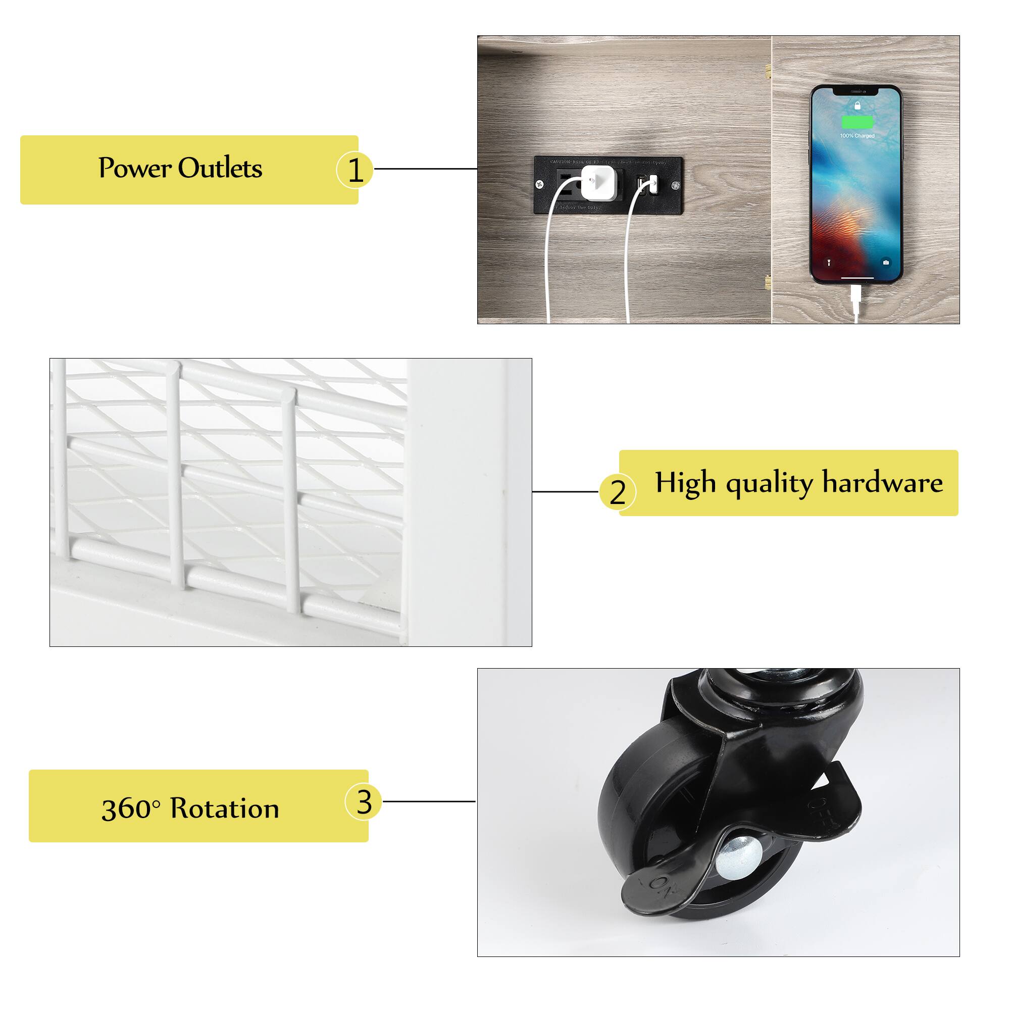 - Power Outlets
- High quality hardware
- 360° Rotation