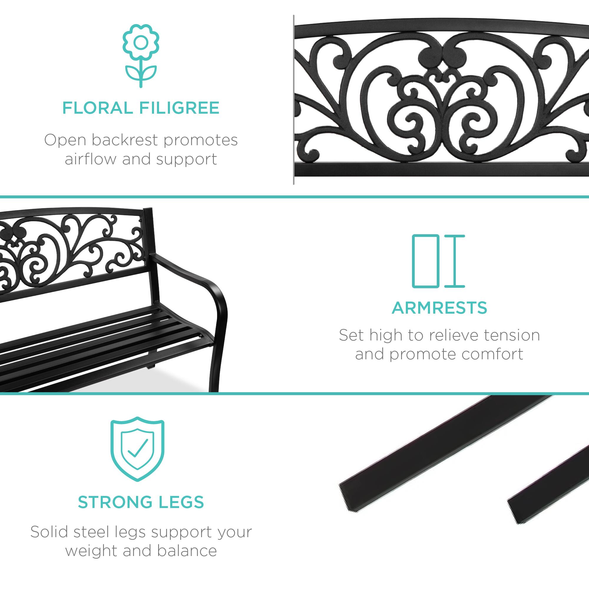 FLORAL FILIGREE  
Open backrest promotes airflow and support  

ARMRESTS  
Set high to relieve tension and promote comfort  

STRONG LEGS  
Solid steel legs support your weight and balance