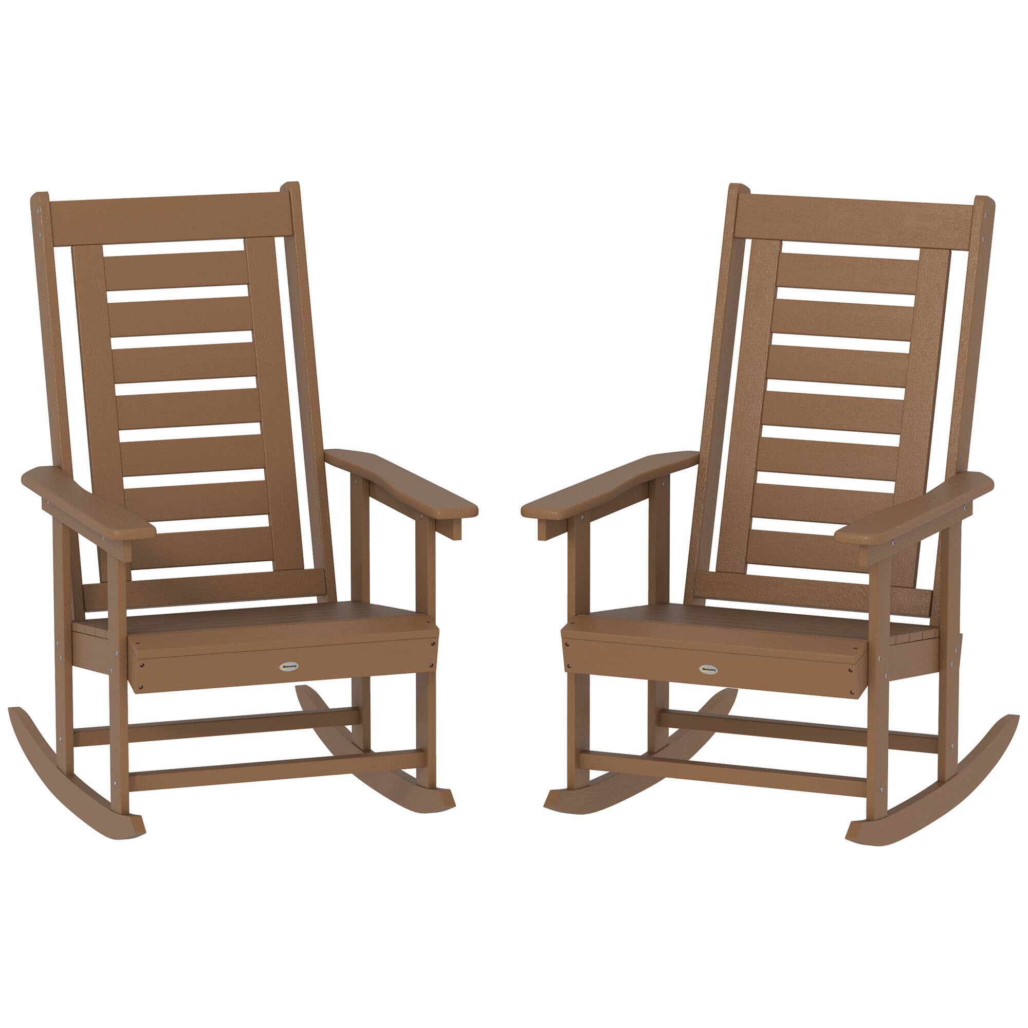 Outsunny - Outdoor Rocking Chairs Set of 2, HDPE Patio Rocking Chairs with 28" High Back and Wide Armrests - Brown