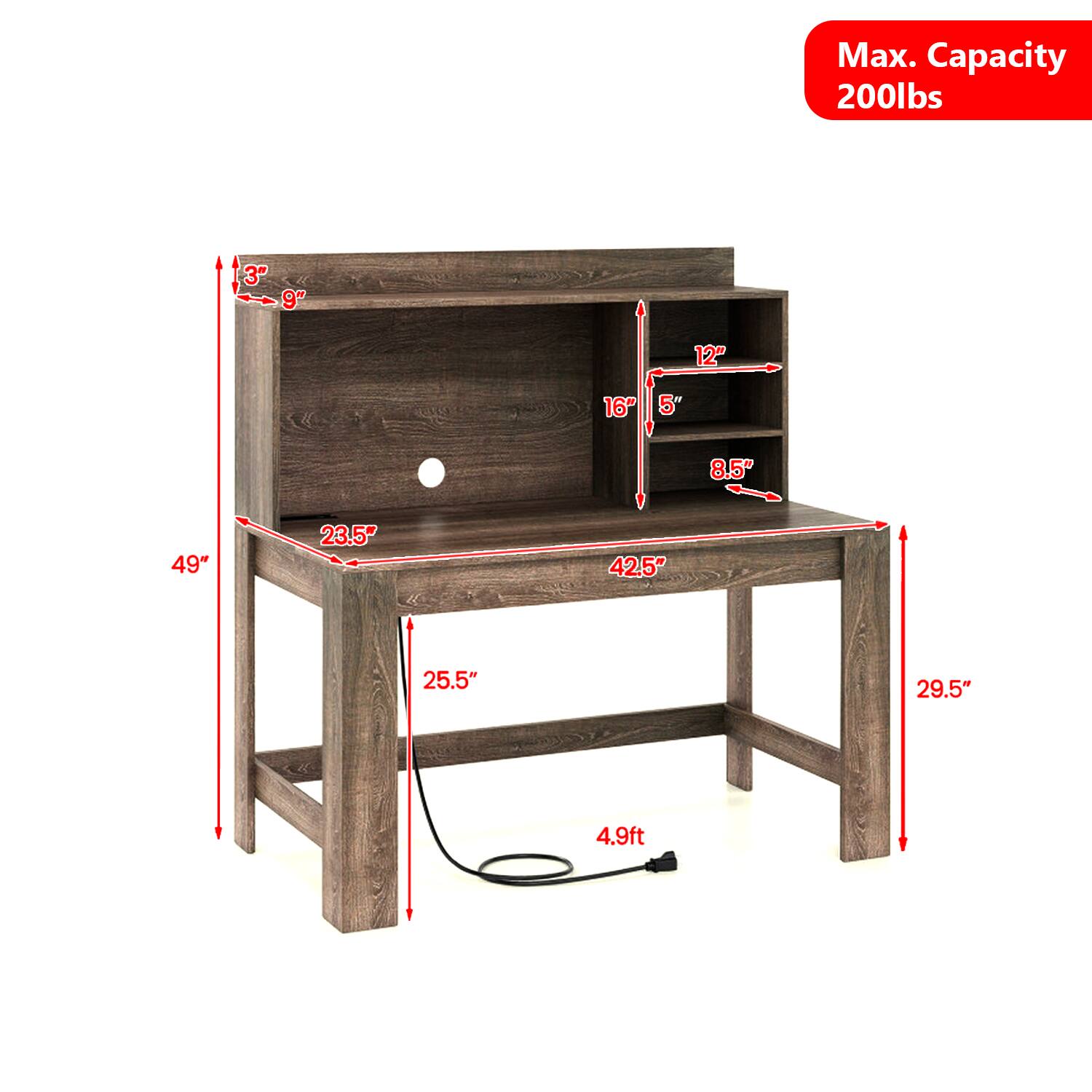 Max. Capacity 200lbs  
L 3" 9" 12" 16" 5" 8.5" 49" 23.5" 42.5" 25.5" 29.5" 4.9ft