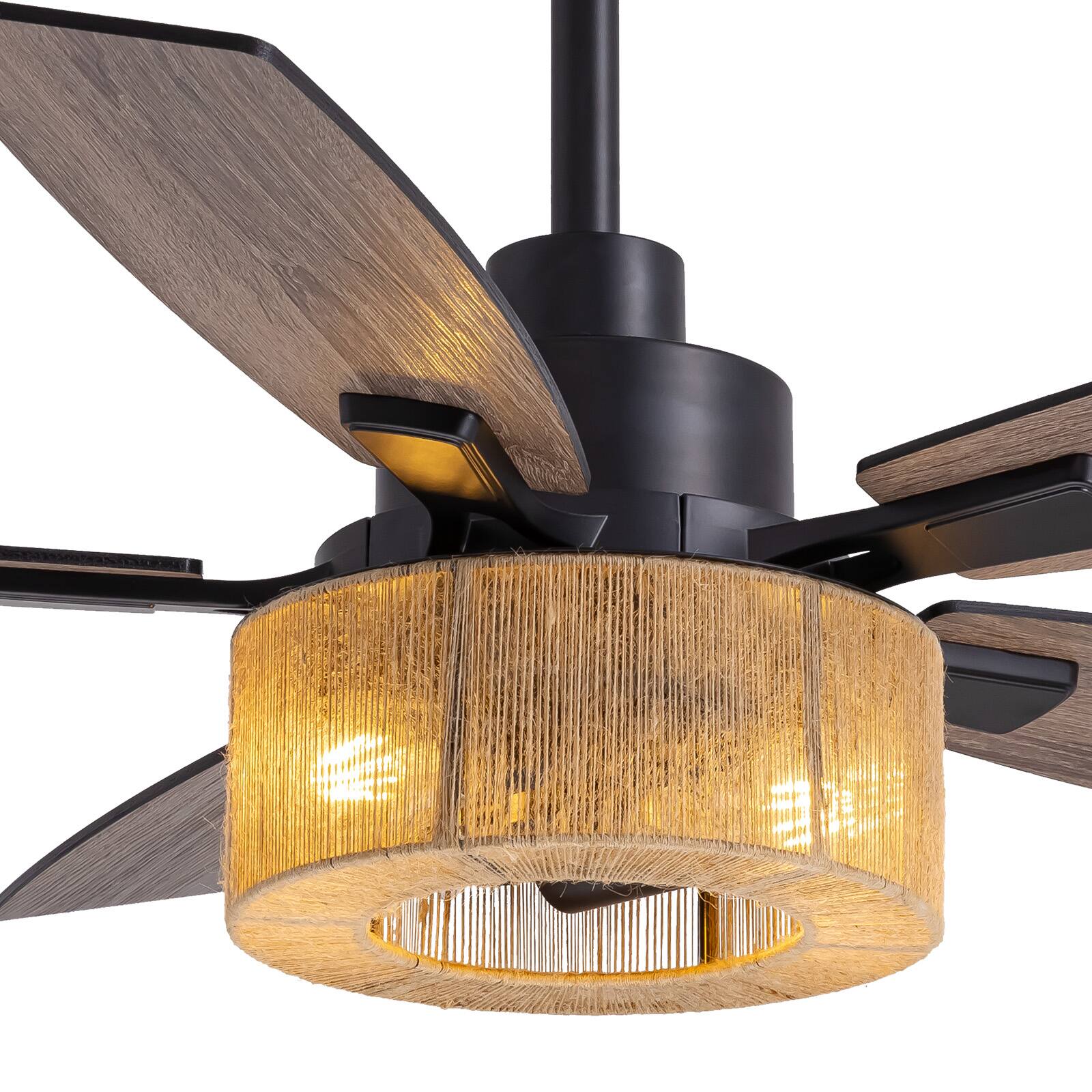 Alt View 2. Siljoy - 46-in Boho Black Hemp Ceiling Fan with Light and Remote Control Include(Bulb not include) - Black.