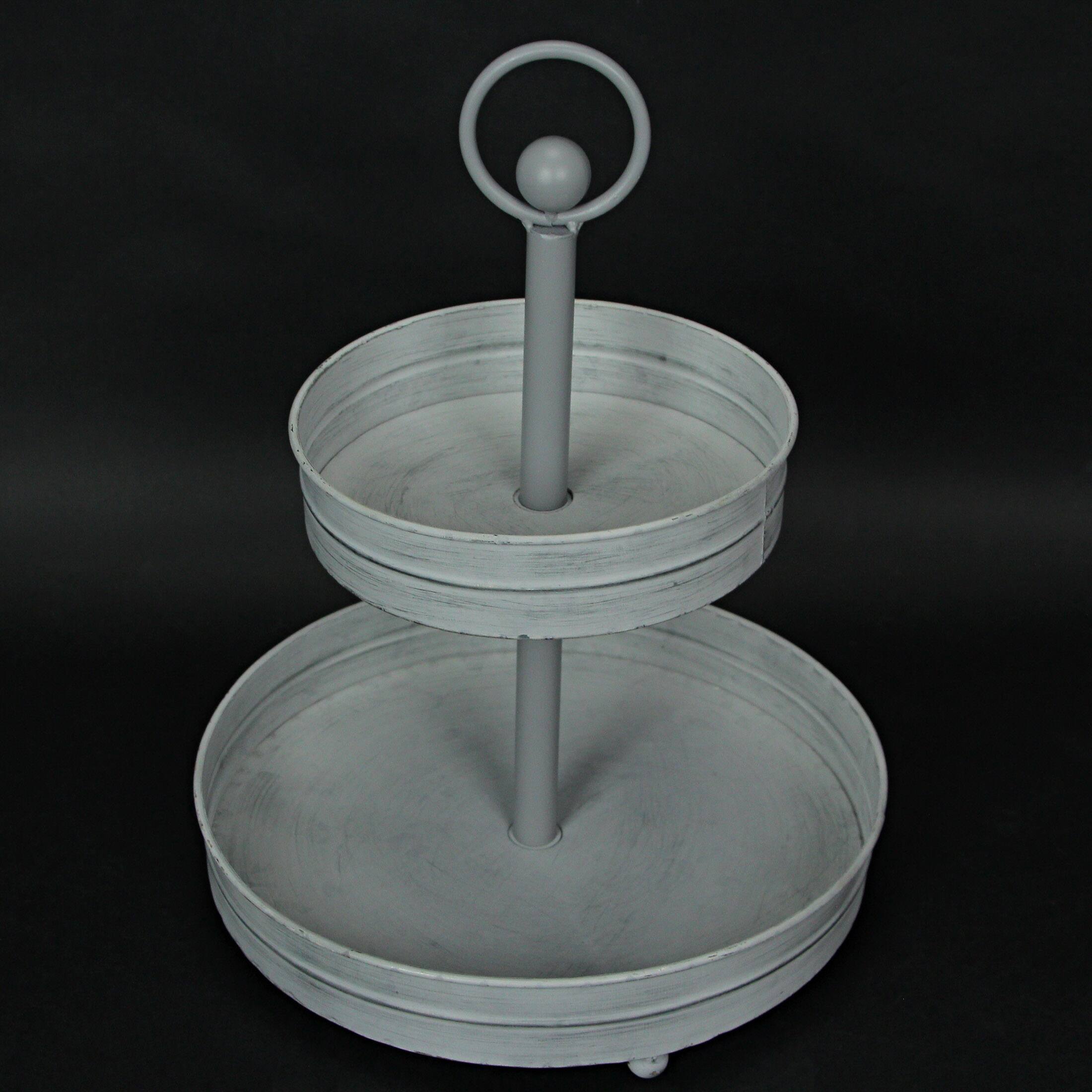 Alt View 8. Zeckos - White Galvanized Metal Rustic Round Two Tier Farmhouse Tray Serving Stand - White.