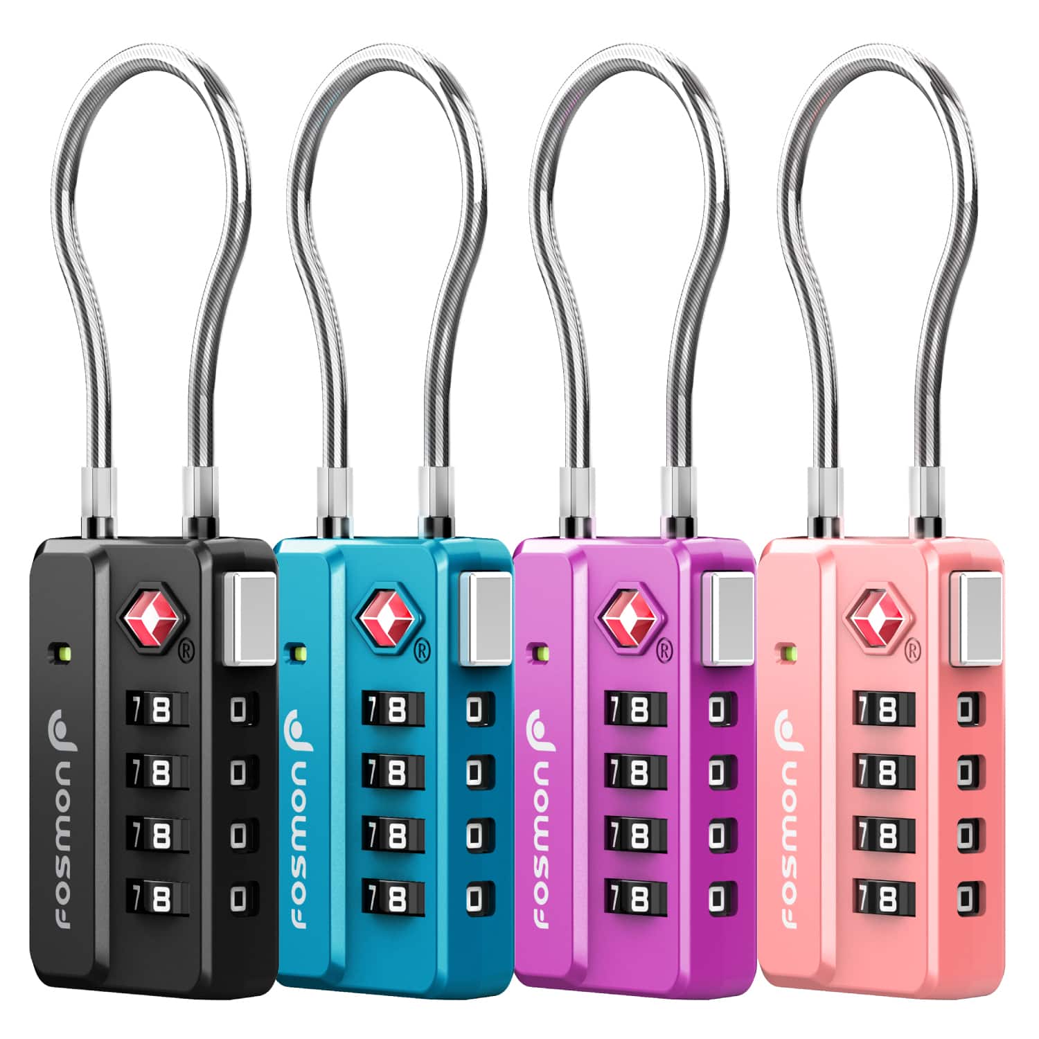 Fosmon - 4 Pack TSA Approved Luggage Lock, 4 Digit Combination Lock, Metallic Luggage Cable Lock, TSA Lock Black Blue Purple Pink - Multi