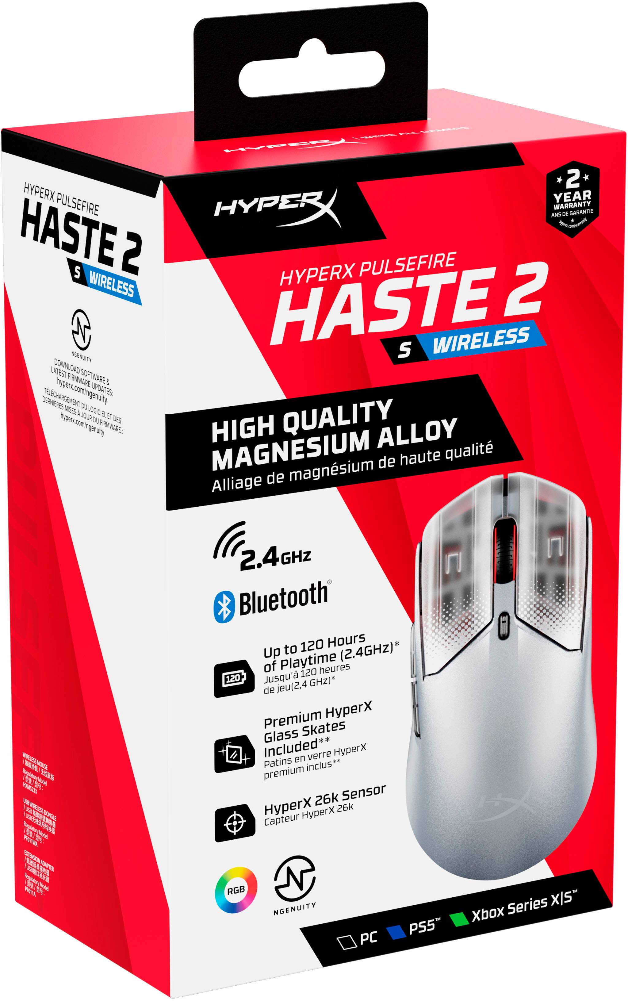 The text on the image is in French, so I cannot group and correct it. However, I can provide a brief description of the product in English. The image features a HyperX Haste 2+ wireless mouse, which is a high-quality gaming mouse with a 2.4GHz Bluetooth connection and a 26k sensor. The mouse comes with premium HyperX glass skates and a 120-hour battery life. The packaging is red and black, and the mouse is designed for use on both PC and gaming consoles like PS5 and Xbox Series X.
