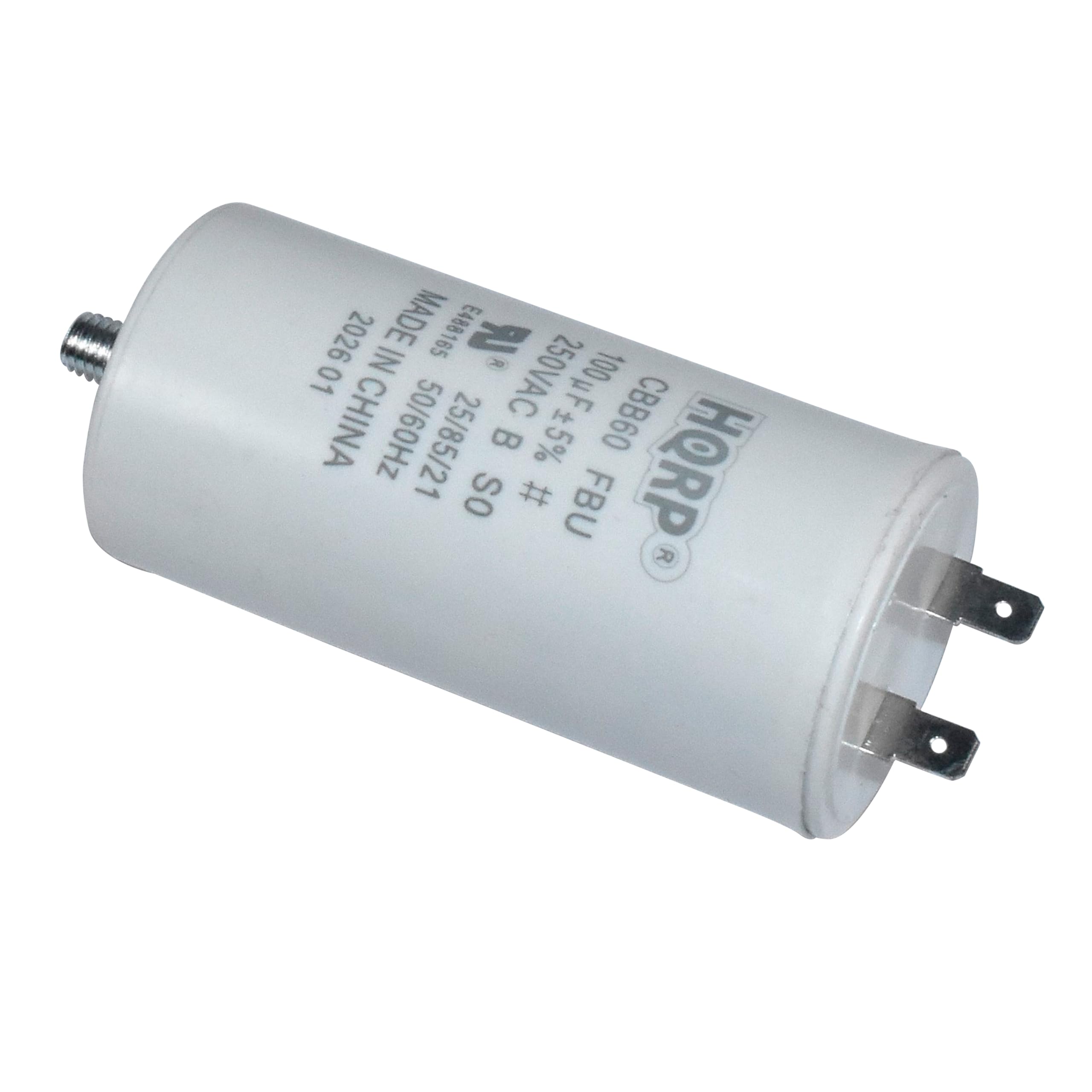 2026 MADE IN CHINA 50/60Hz 250VAC 100uF ±5% CBB60 FBU R  
E488165 25/85/21 B 100gF 01  
HORP  
250VAC B ±5%  
250VAC 100uF ±5%  
CBB60 FBU  
2026 01  
50601521