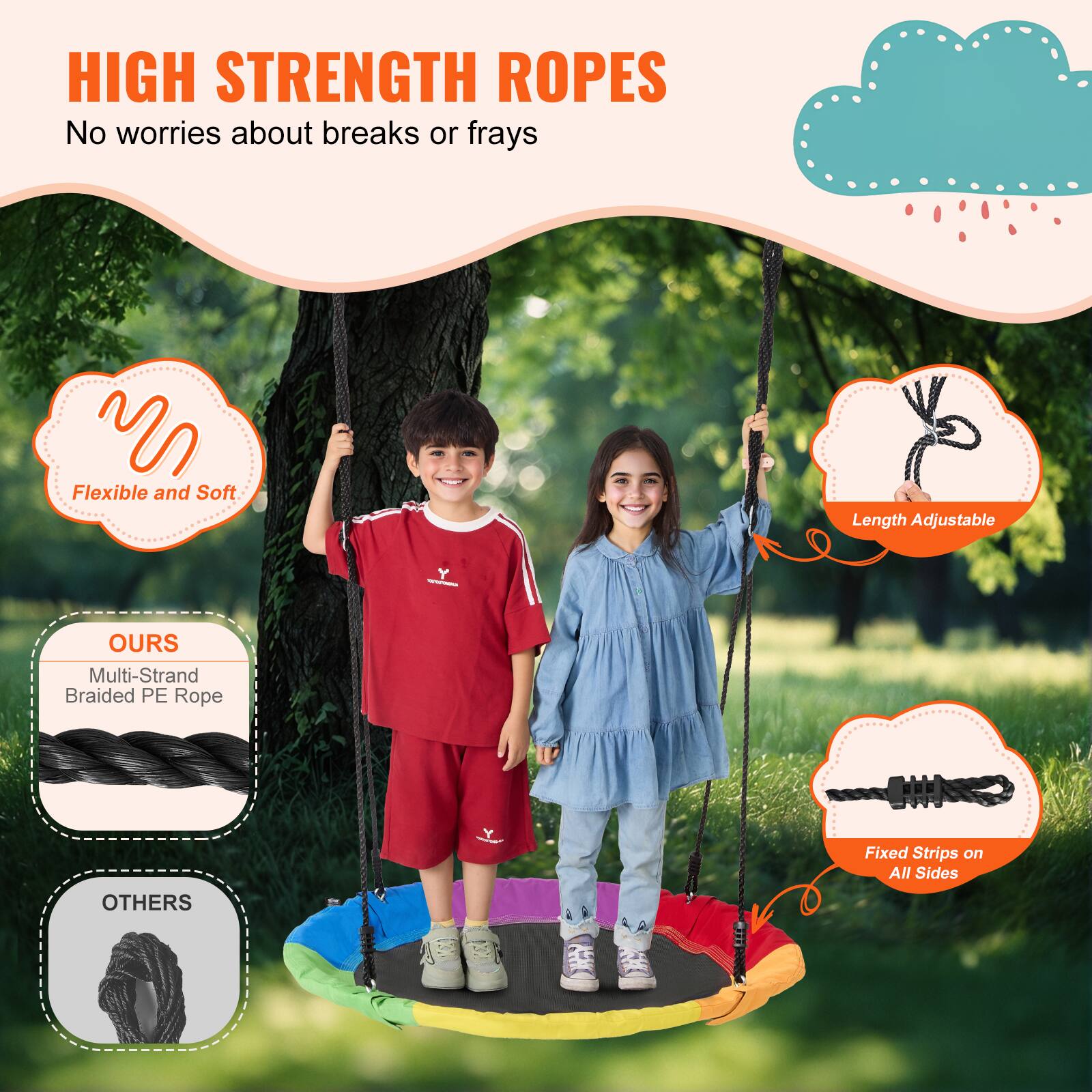 HIGH STRENGTH ROPES
No worries about breaks or frays

Flexible and Soft
Length Adjustable

OURS
Multi-Strand Braided PE Rope

OTHERS
Fixed Strips on All Sides