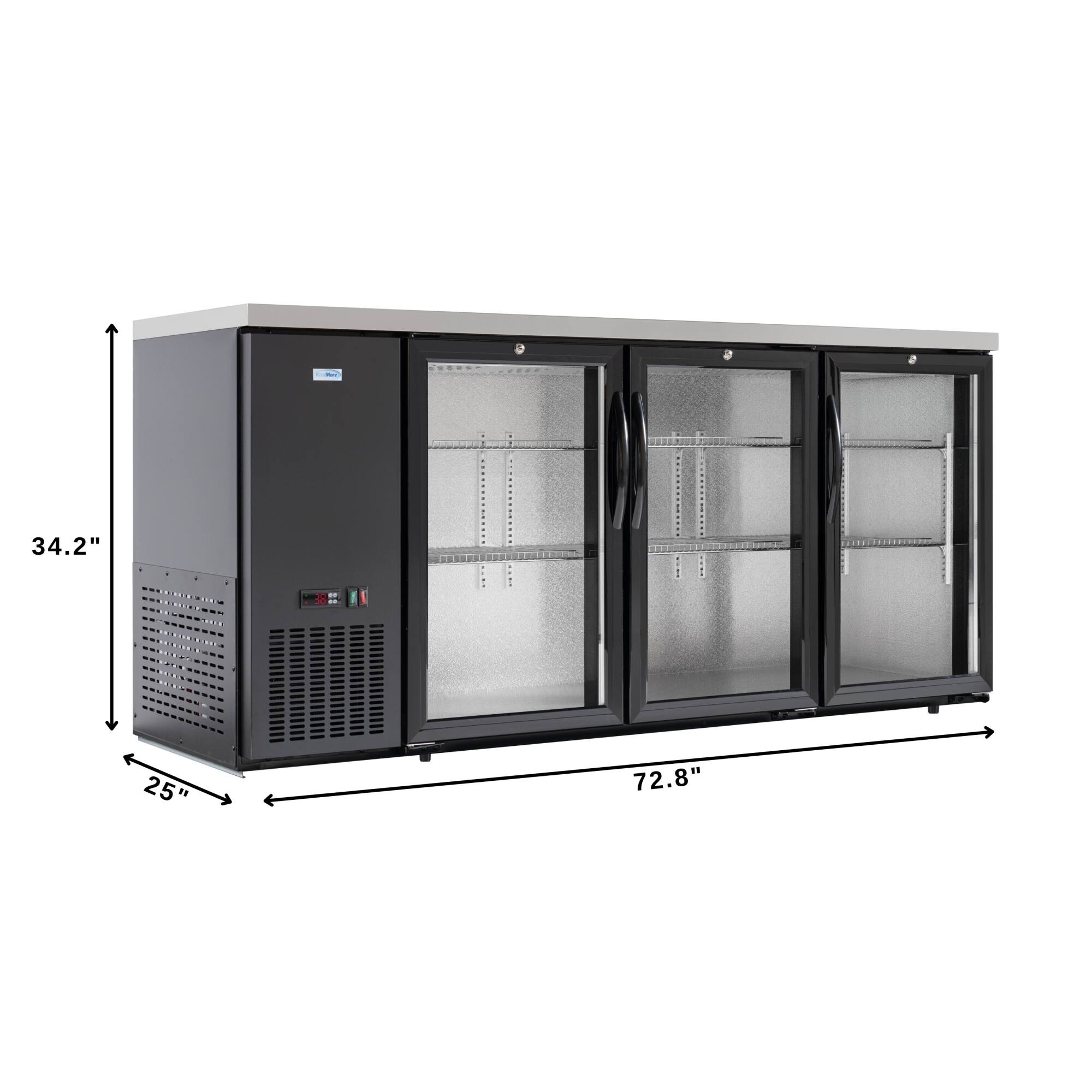 The text on the image reads "34.2" 25" 72.8". This information is likely referring to the dimensions of the refrigerator. The first number, "34.2," is the height, the second number, "25," is the width, and the third number, "72.8," is the depth.