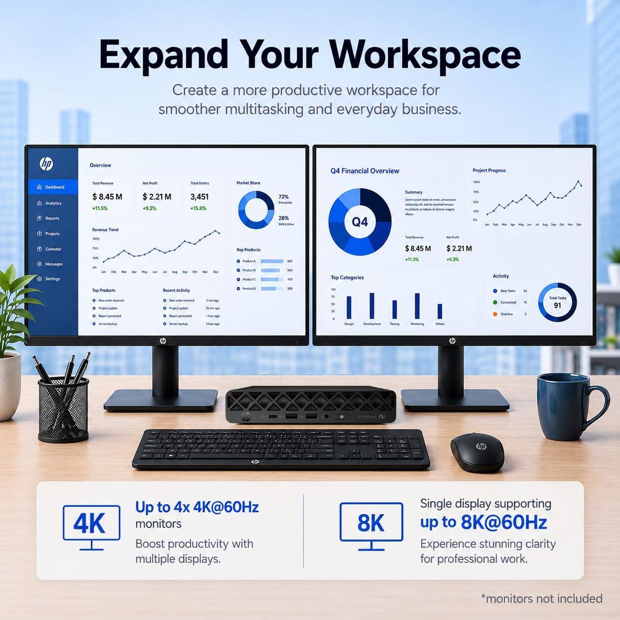 Expand Your Workspace  
Create a more productive workspace for smoother multitasking and everyday business.

Overview  
Q4 Financial Overview  
Project Progress  
Dashboard Analytics Reports Projects

$8.45 M +11.5% Revenue Trend 150%  
- $2.21 M +9.3%  
Total-Orders 3,451 +15.8%  
Market Share  
72% Enterprise 28%

Q4 Summary  
company hire  
10% 70 50% 25% n -  
a  
Soy  
X  
Calendar Messages Settings  
5 30% n  
feb  
A  
Day  
Rep Products Podal& 0 0 Sodium  
= x  
Top Categories  
$8.45M $2.21M +11.5% +9.3%  
Activity  
Top Products NewDar Proedrater Reporty Serverbackup  
Recent Activity D Proper Reply Serving  
Total W  
-  
=  
a 8 = 3 ,  
Design  
Development  
Testing  
Others  
Tais Completed Dientive  
3 , -  
Telo 91

1  
4K  
Up to 4x 4K