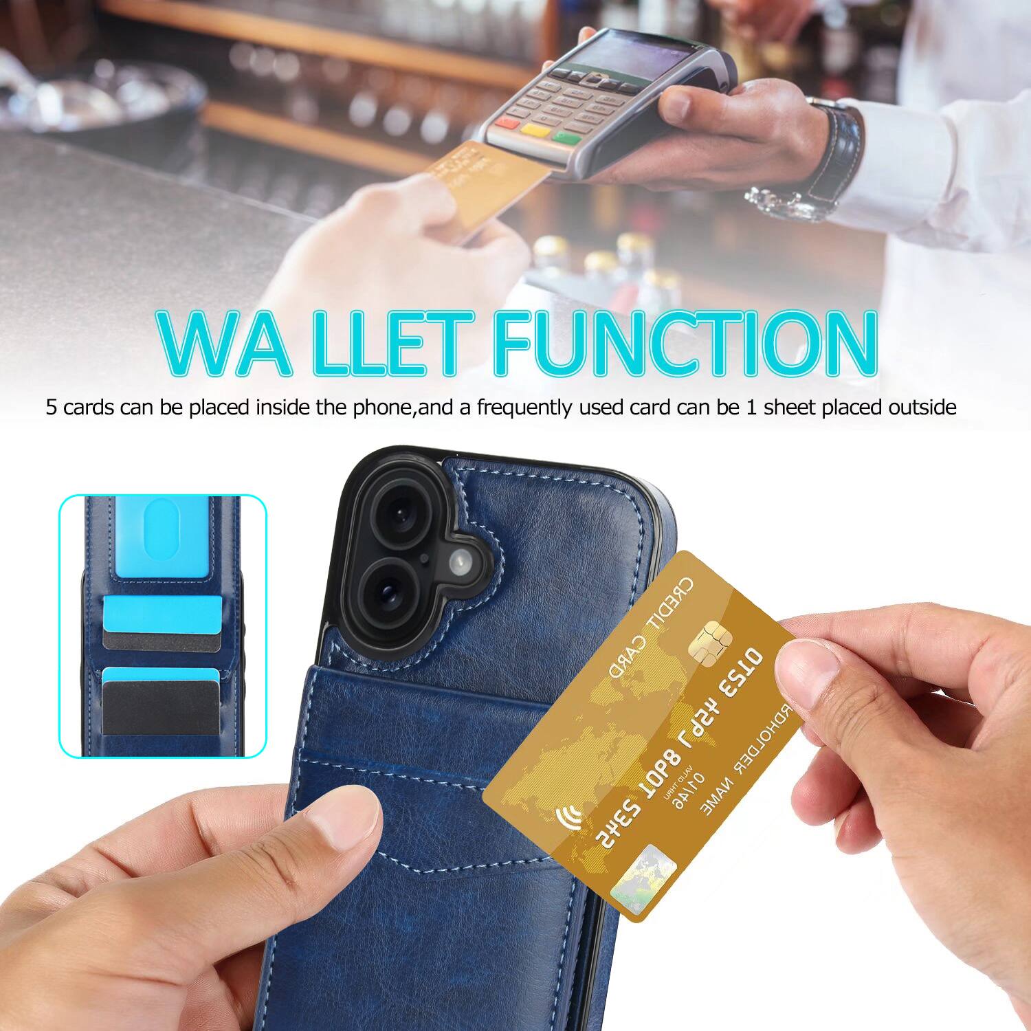 WA LLET FUNCTION  
5 cards can be placed inside the phone, and a frequently used card can be 1 sheet placed outside  
CREDIT CARD HOLDER  
1 OP8 ATOA UAHT  
ANTID NAME 2345
