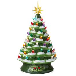 Casafield - 15-in Hand Painted Ceramic Christmas Tree - Pre-Lit Tree with Star - Green Snow Flocked