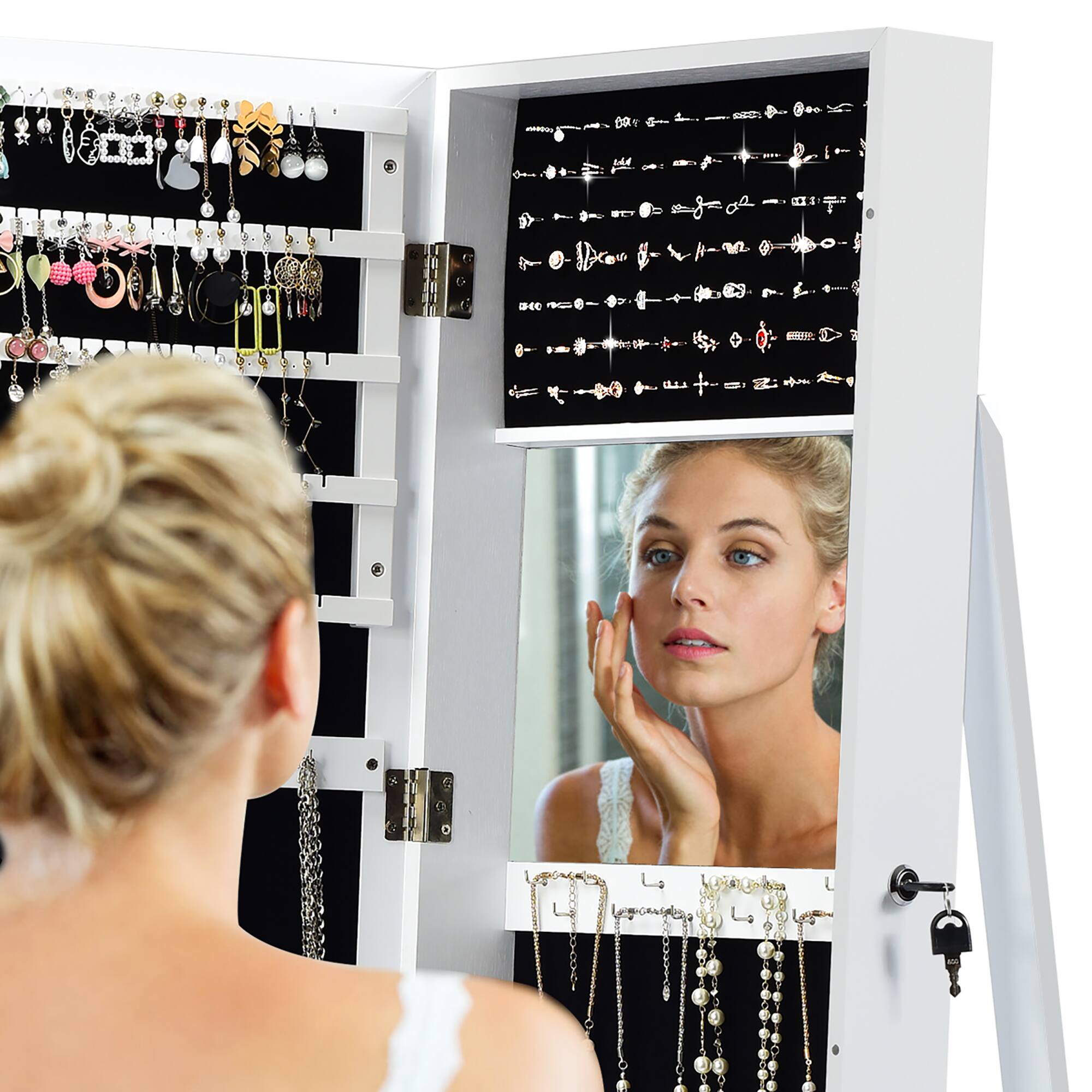Alt View 18. Costway - Mirrored Jewelry Cabinet Lockable Standing Storage Organizer with Shelf White - White.