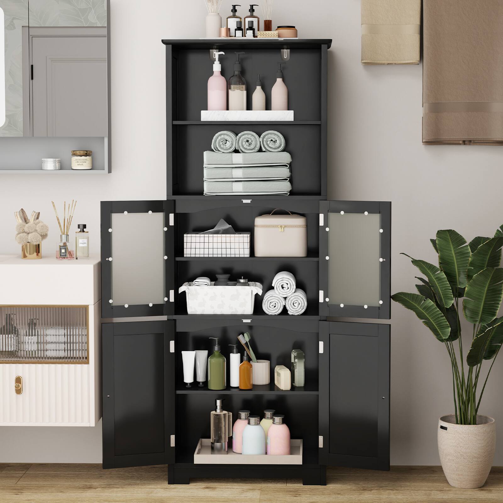 Alt View 1. Gymax - Gymax Bathroom Tall Storage Cabinet Linen Tower w/ Glass Door & Adjustable Shelf Black - Black.